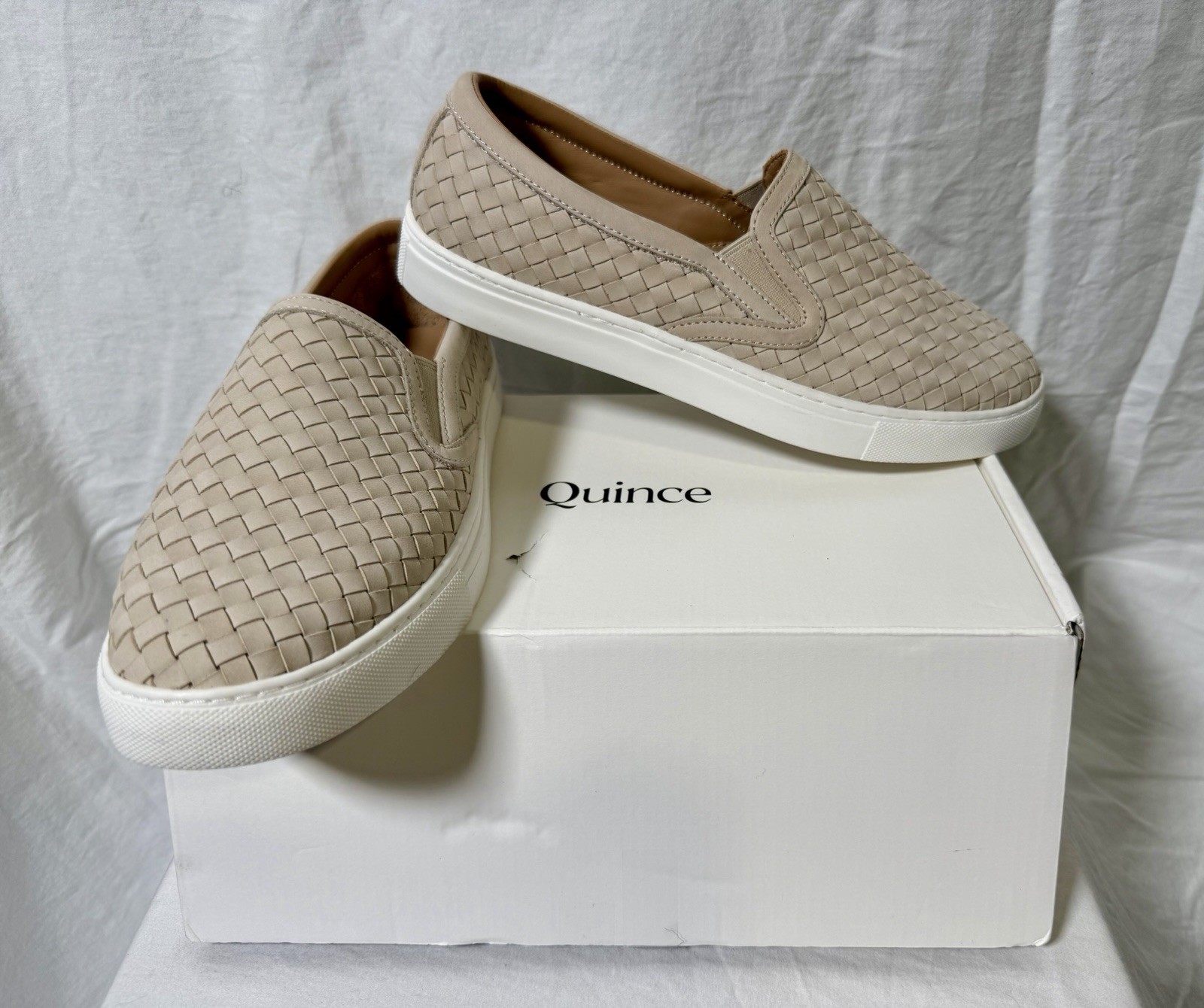 Quince Women’s 100% Handwoven Leather Slip On Sneakers, Almond Size 9