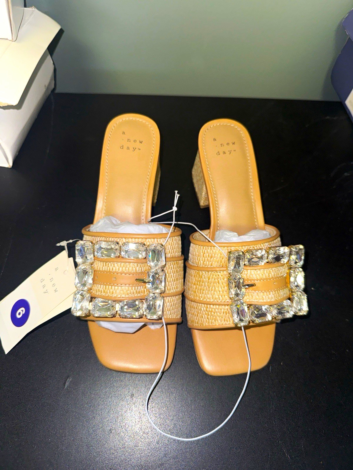 A New Day Women’s Slide Sandals Beige 6 Straw Rhinestone Buckle Block Heel