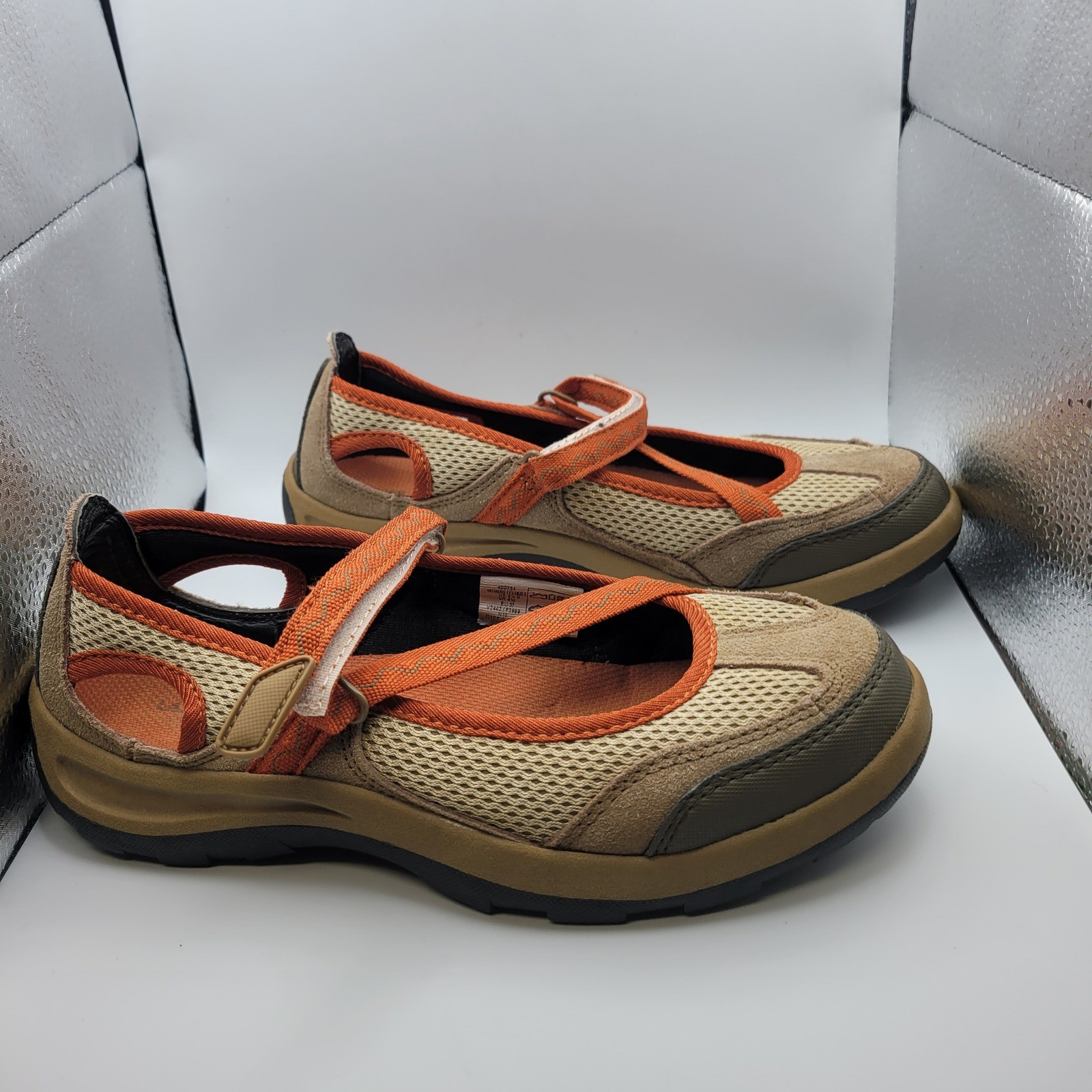 Lands End Mary Jane Shoes Womens 6.5 B Tan Orange Mesh Hook Loop Comfort Walking
