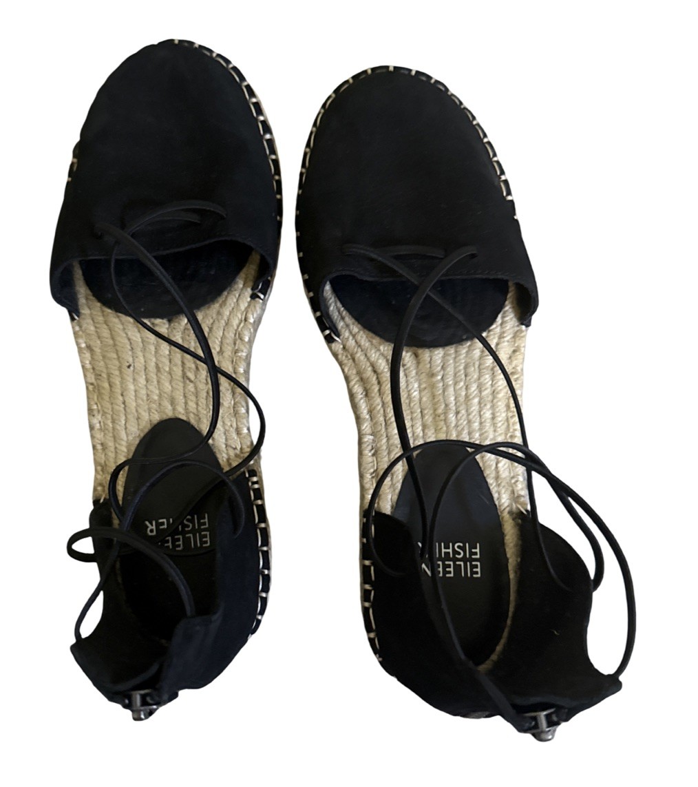 Eileen Fisher Women’s Espadrille Shoe Size 7 Elastic Lace Ankle Strap Flat Black
