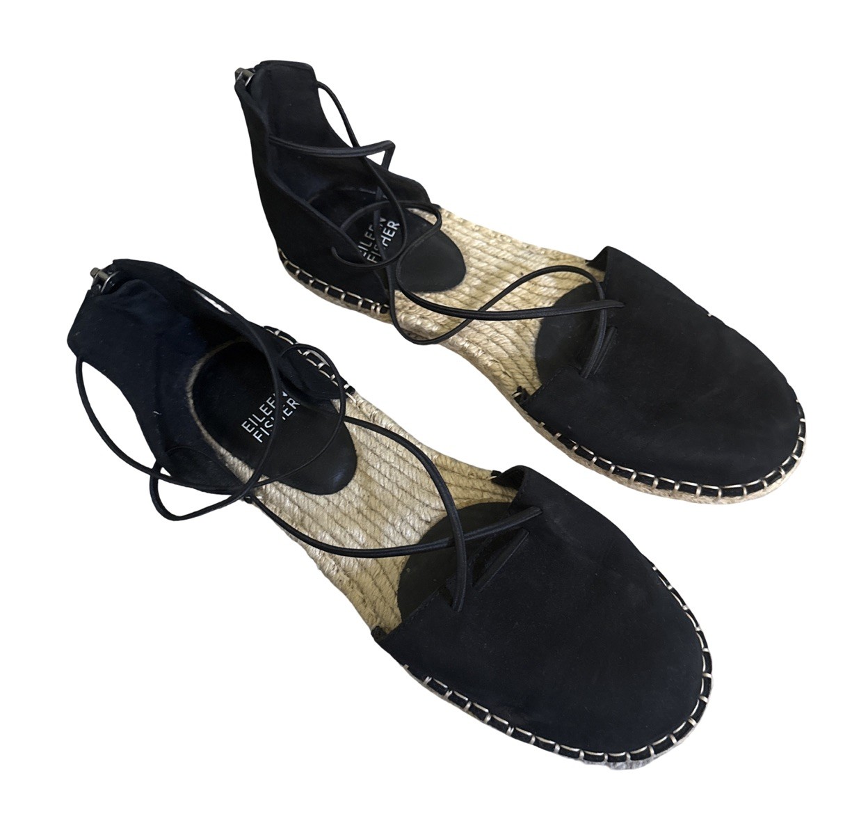 Eileen Fisher Women’s Espadrille Shoe Size 7 Elastic Lace Ankle Strap Flat Black
