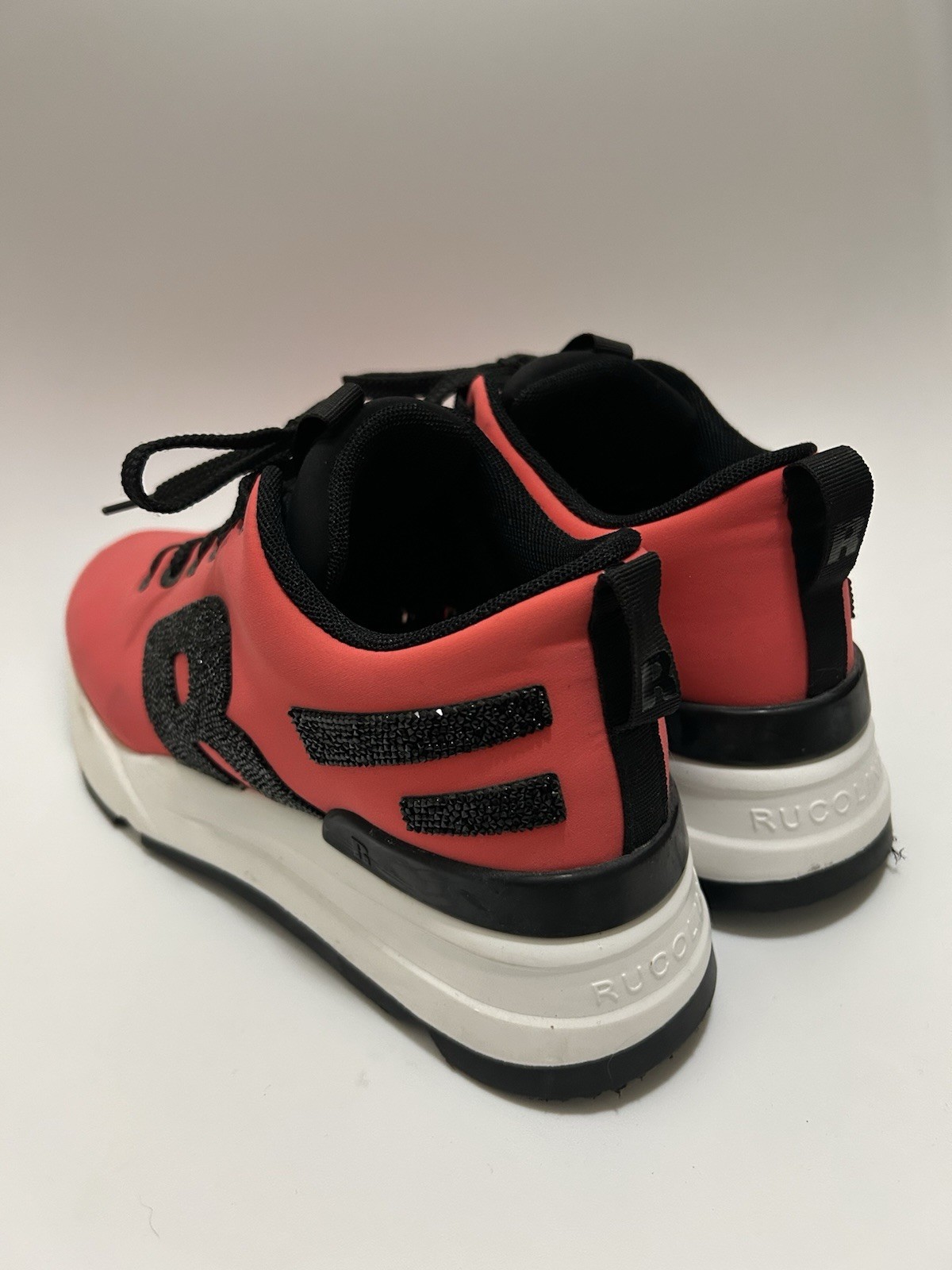 Rucoline Coral Pink Neoprene Platform Sneakers Rhinestone Logo Black Trim EU 38