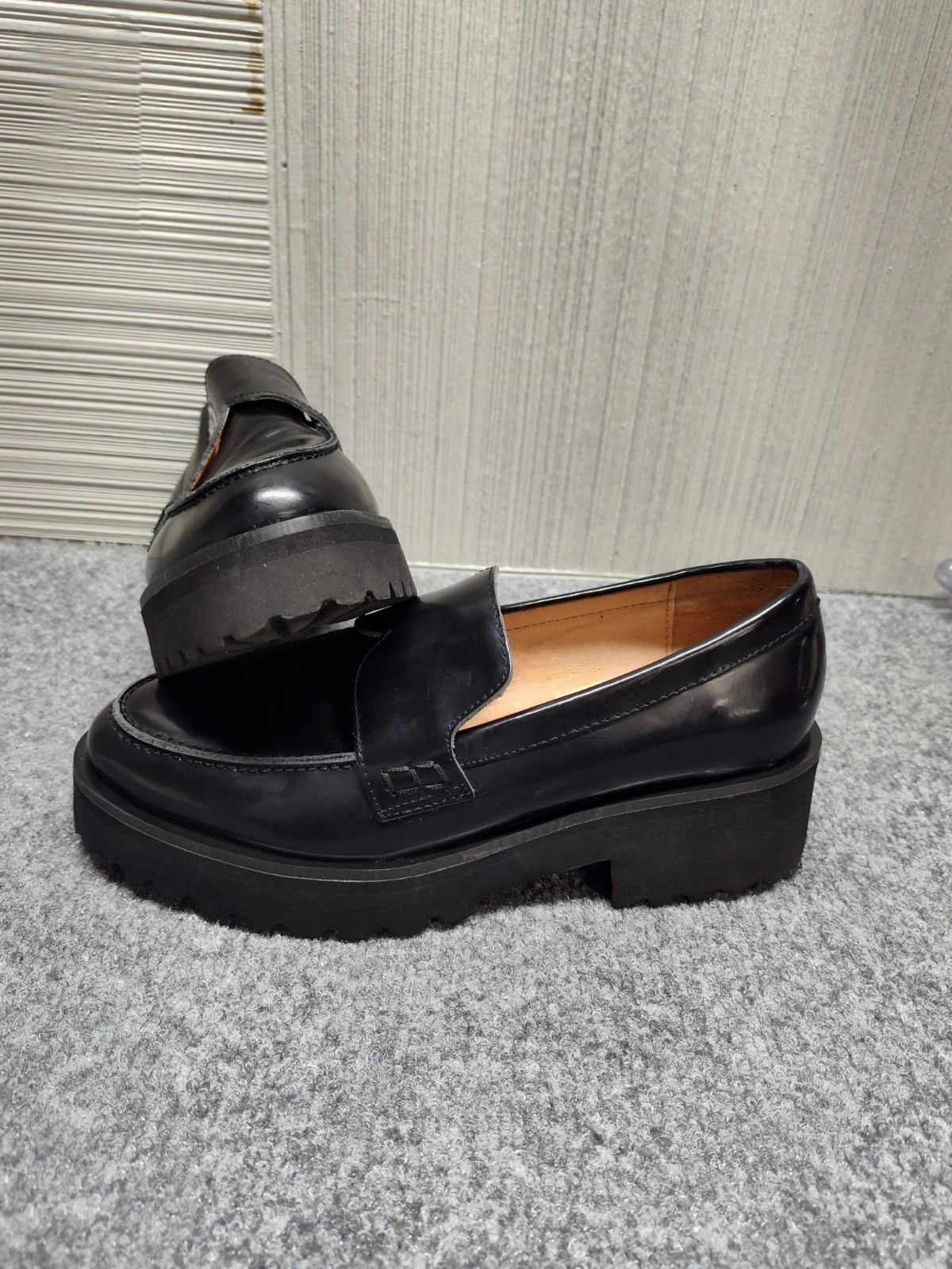 ALL BLACK Women Loafer 37 US 6 Black Patent Leather Slip On Chunky Platform Shoe