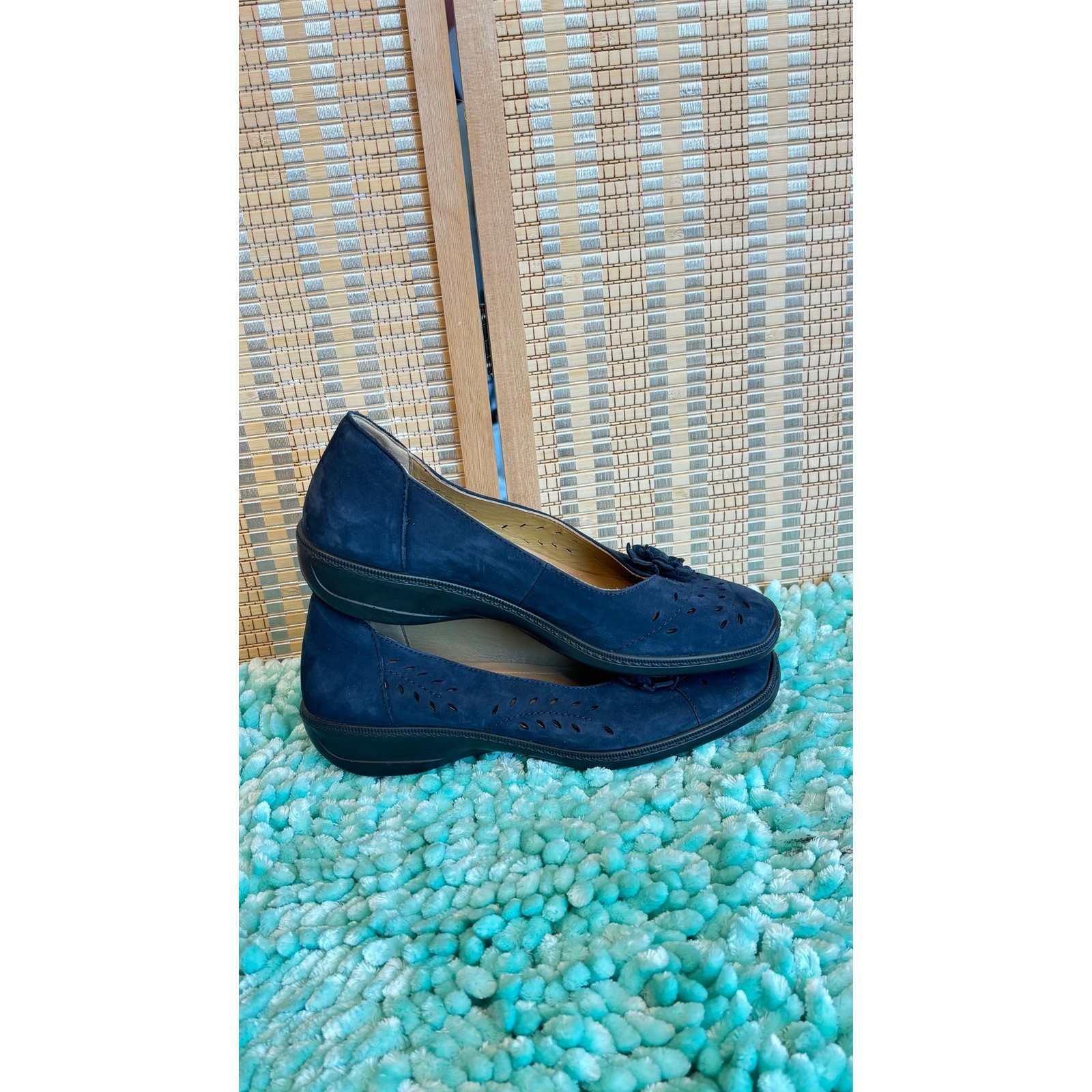Hotter Mexico blue suede leather flower accent slipon loafers shoes sz 9.5
