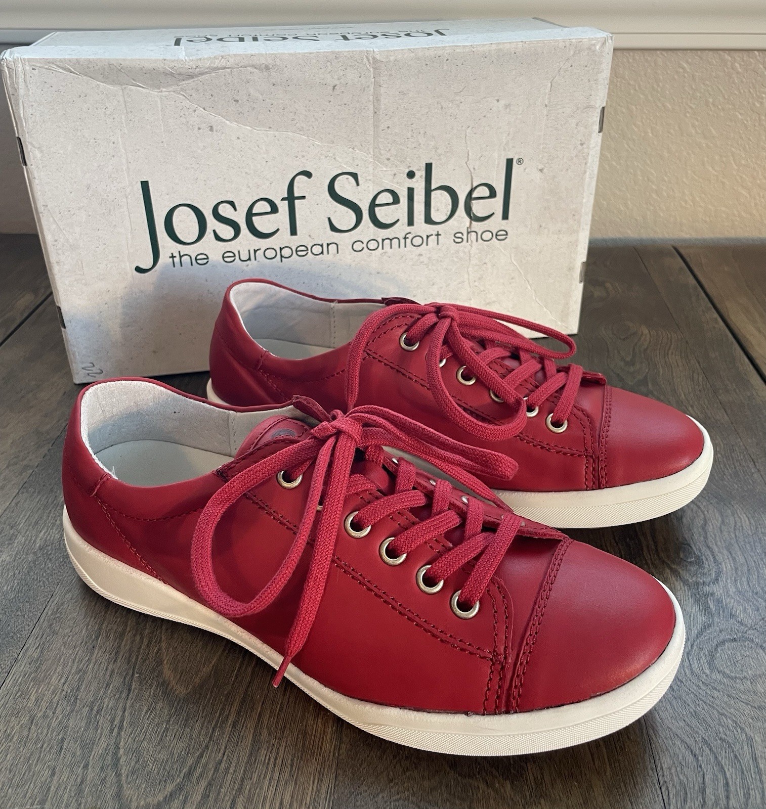 Josef Seibel Sina 11 Red Sleek Leather Sneakers Shoes Lace Up US 6-6.5 EU 37