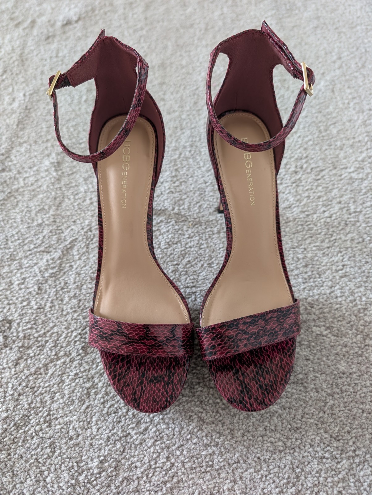 BCBGeneration Red Snake Print Platform Heels Size 8 Ankle Strap High Heel Sandal