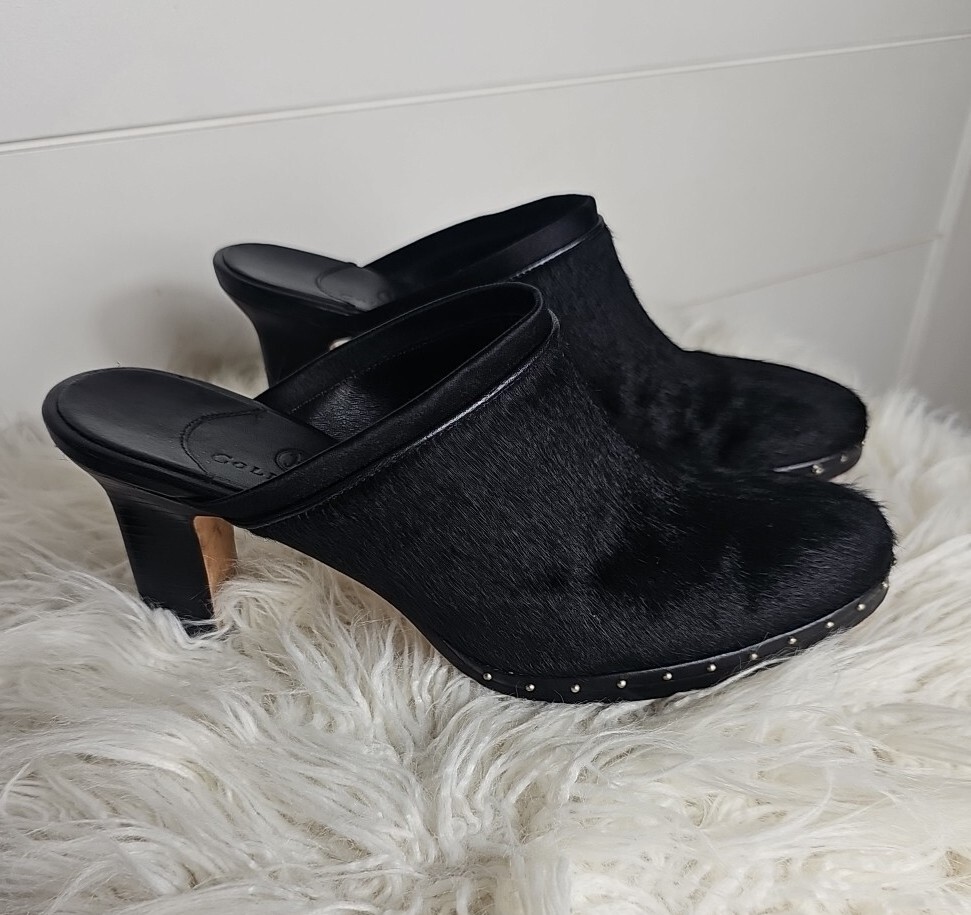 Cole Haan Women’s Sz 6B Clogs Pony Hair D18304 Block Heel Black Shoes