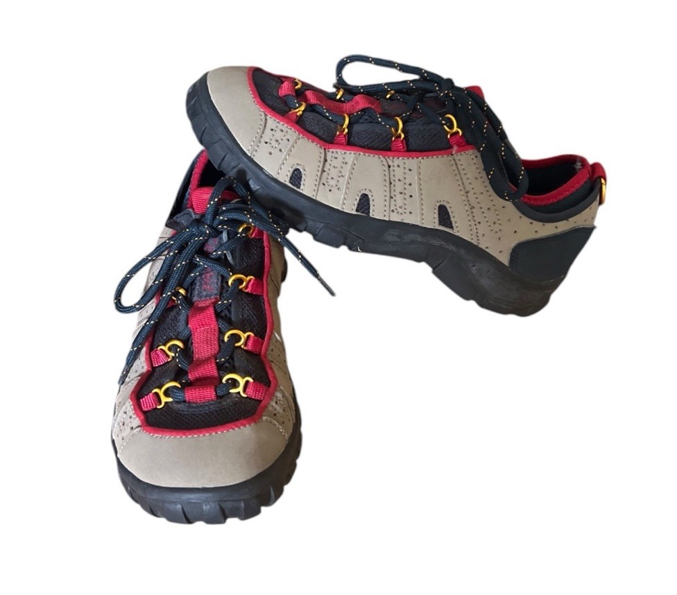 COLUMBIA Mens Red, Navy & Tan Suede Water Shoes Snake River Trainer Size 8.5