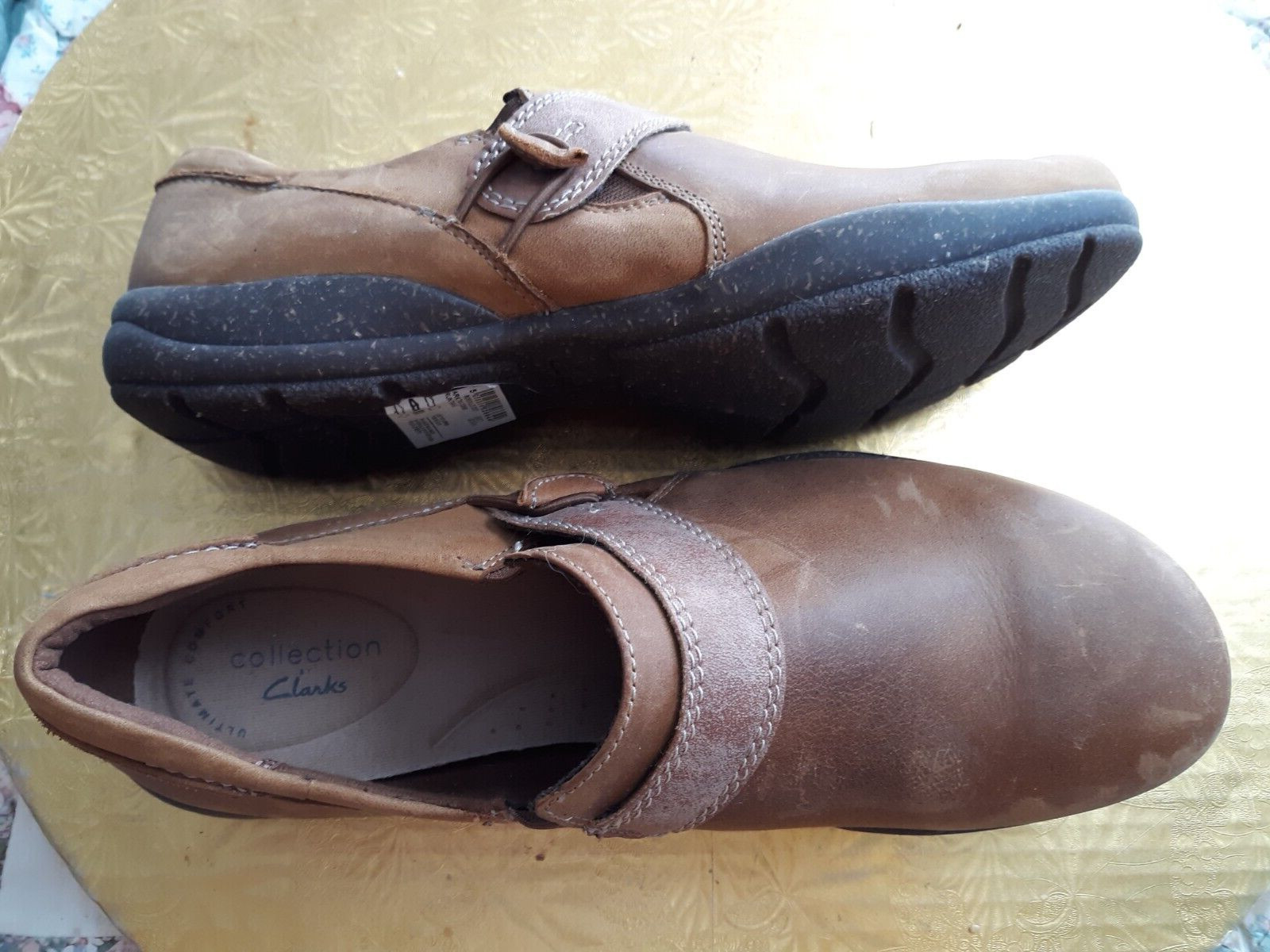Comfort CLARKS Dark Tan LEATHER Women Size 8.5 M Round Toe Shoes MEXICO