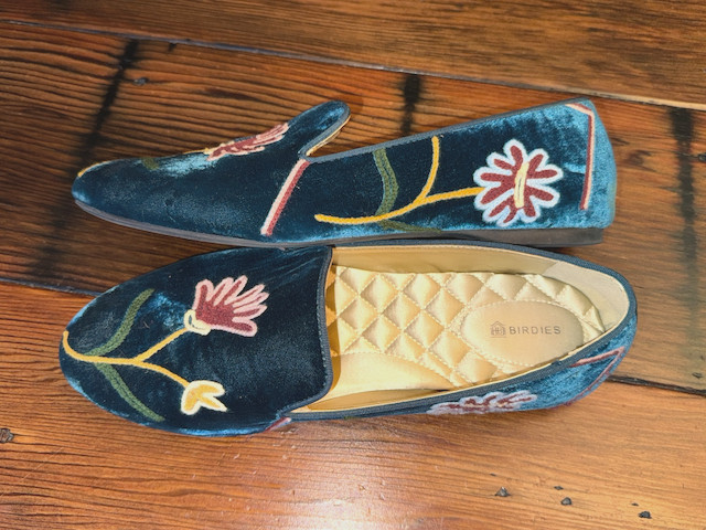 BIRDIES Starling Embroidered Flats Velvet Slippers Floral Teal Loafers Women 10