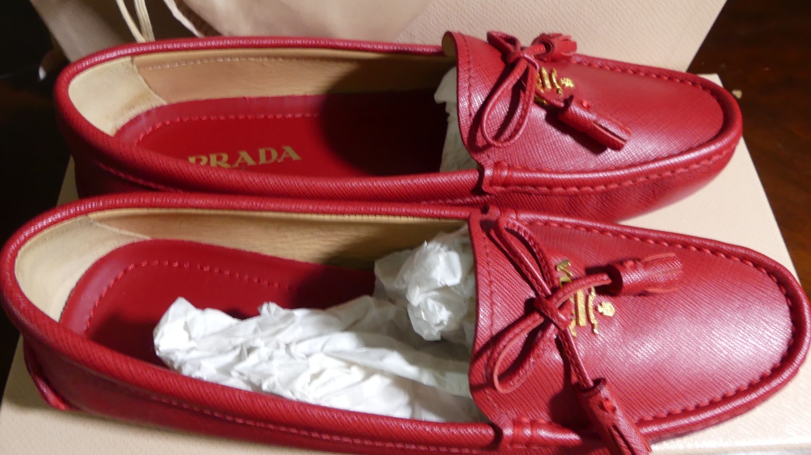 AUTHENTIC PRADA Saffiano Calzatura Donna Fuoco Women’s Loafers / Moccasins 37.5