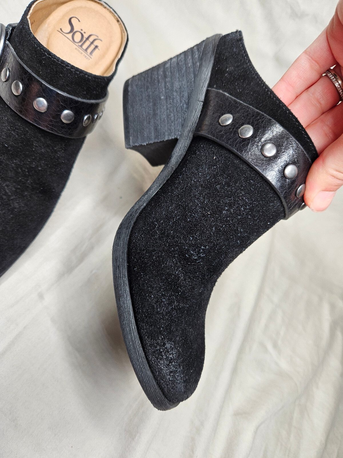 Sofft Mules Slides Womens 6 Black Leather Suede Buckle Studded Strap Block Heels