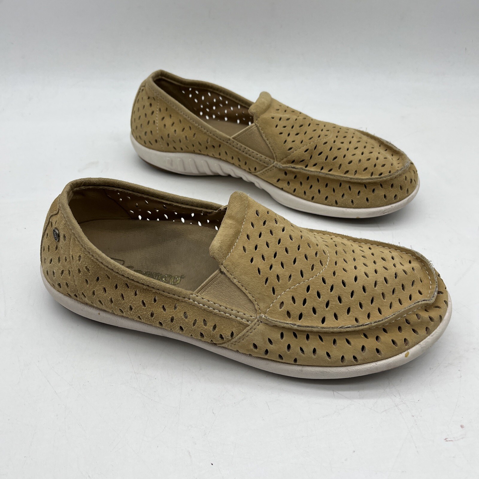 Spenco Bailey Slip On Loafer Flat Womens 8.5 Laser Cut Suede Brown Orthotic Shoe