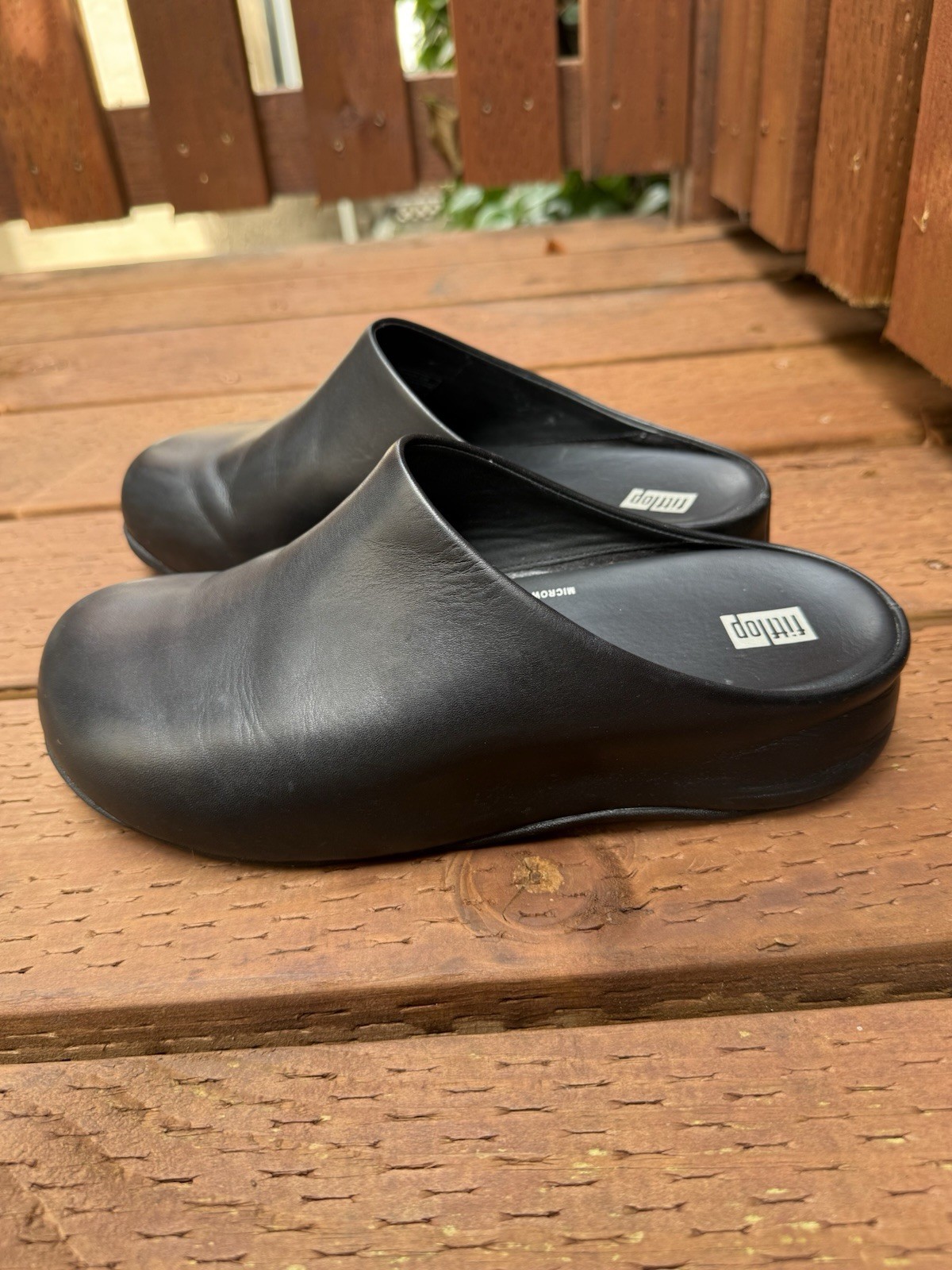 FitFlop Shuv Black Leather Clog Mules Micro Wobbleboard Comfort Walking Size 8