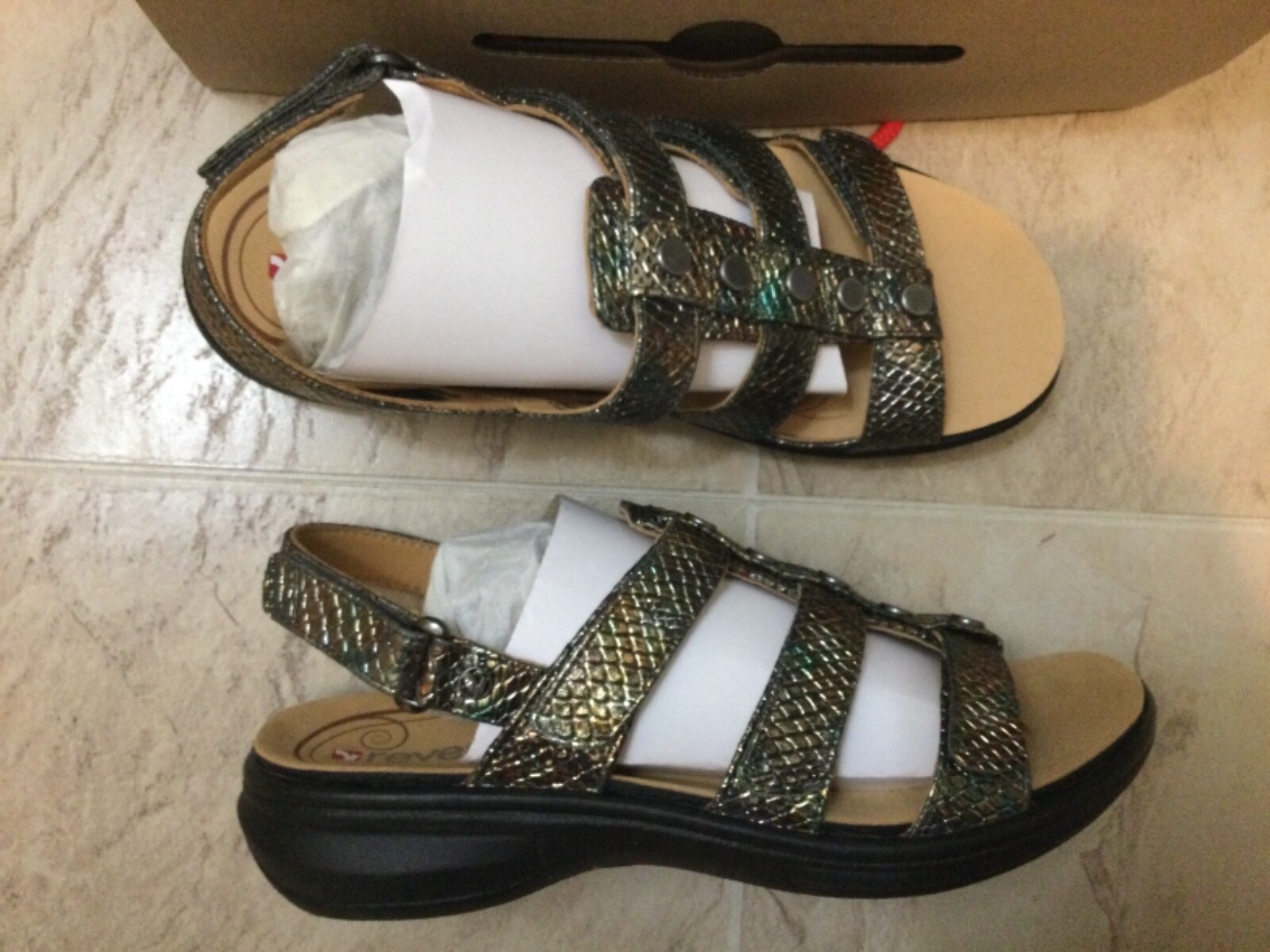 New $169 Revere Toledo Peacock Python Snake Black Slingback Sandals Women 6 M