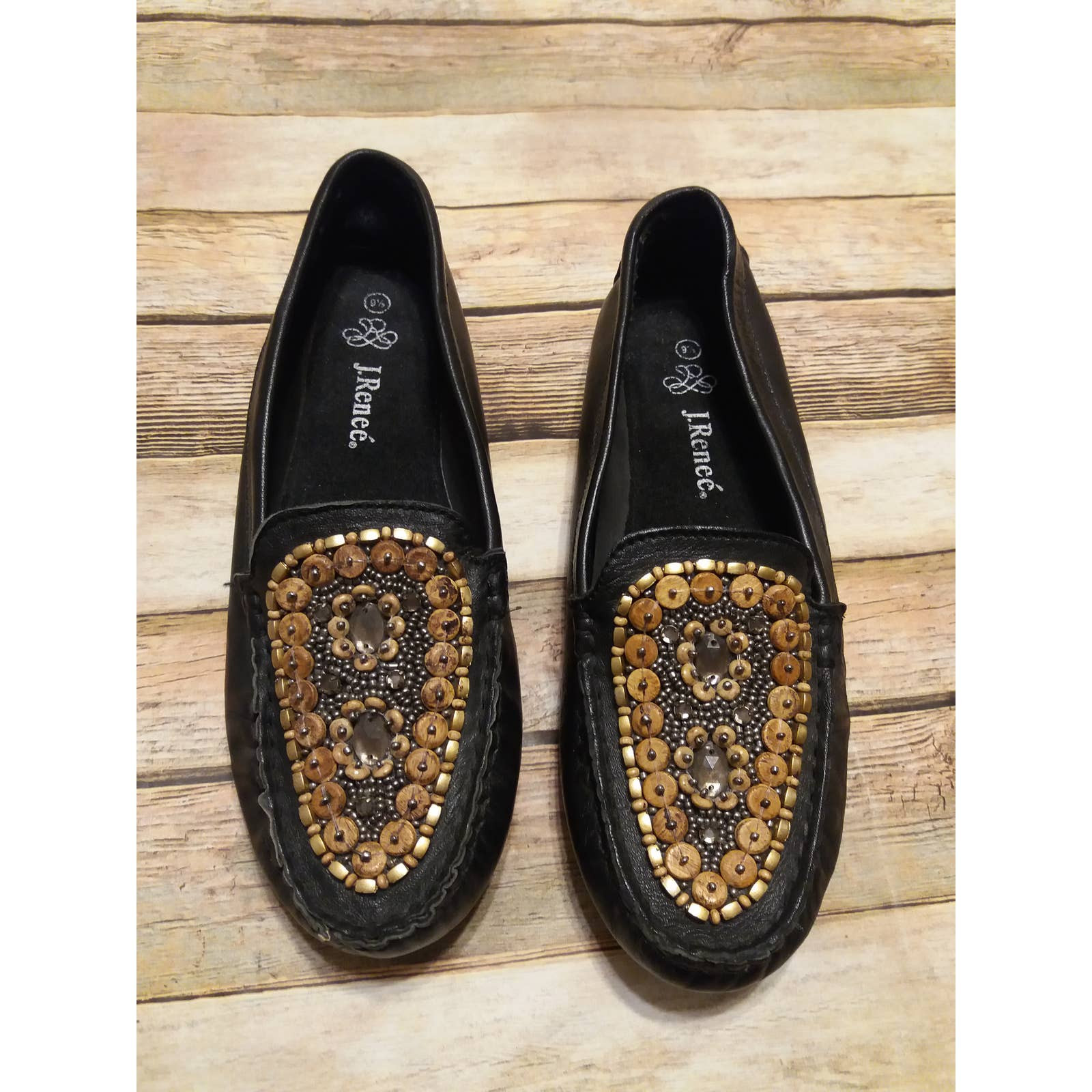 J Renee Women Leather Embellished Loafers Sz 9 1/2 Made in India.