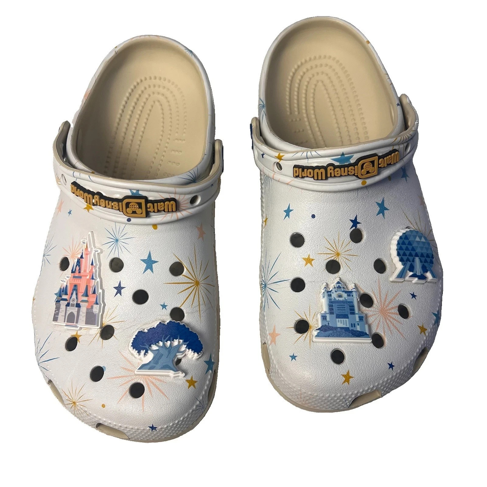 Crocs Disney World Parks Fireworks Classic Clogs M5 W7 White w/ Jibbitz Charms