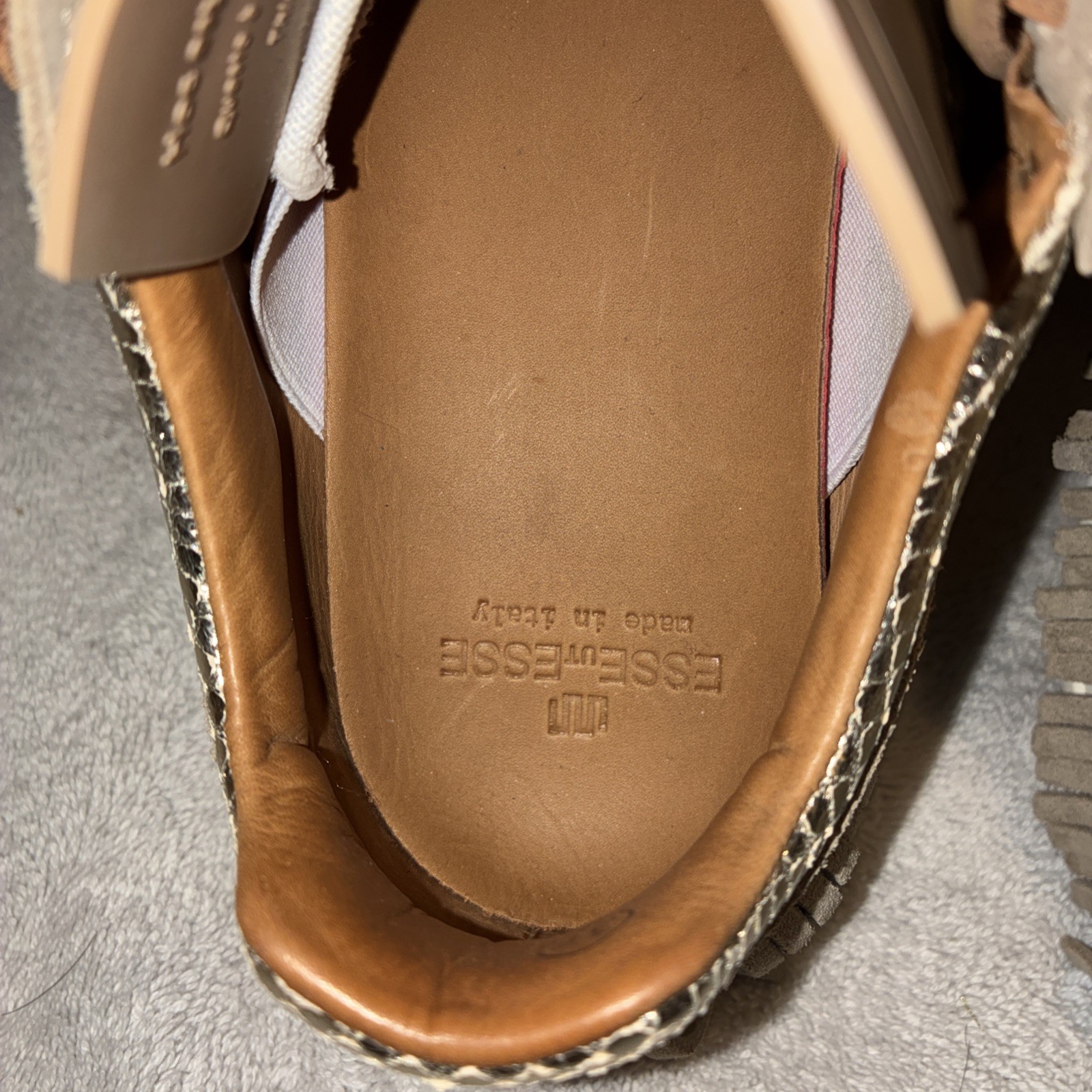 Esseutesse Tan Suede Gold Snake Print Leather Fringe Slip On Sneakers US Sz 7