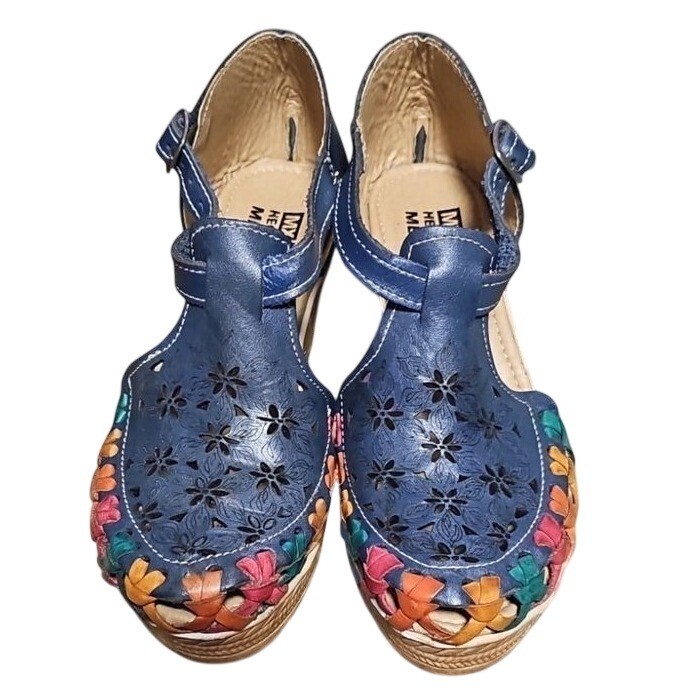 Handmade Mexican Huarache Sandals Floral Multi Color Leather Summer Boho US 8.5