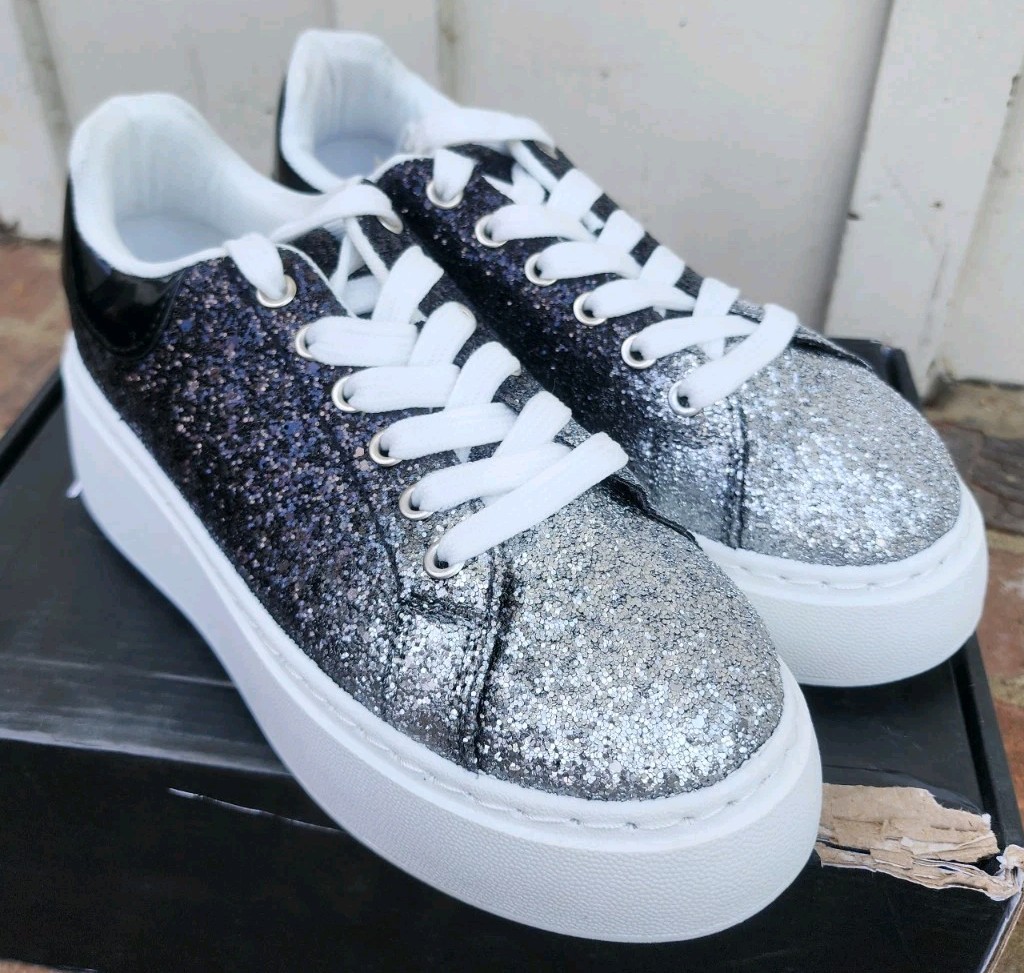 New York And Company Raphaela Silver Ombre Glittery Platform Sneakers Shoes Sz 7