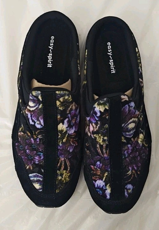 Easy Spirit Traveltime 622 Black Purple Floral Clog Mule Sneakers Womens Size 8M