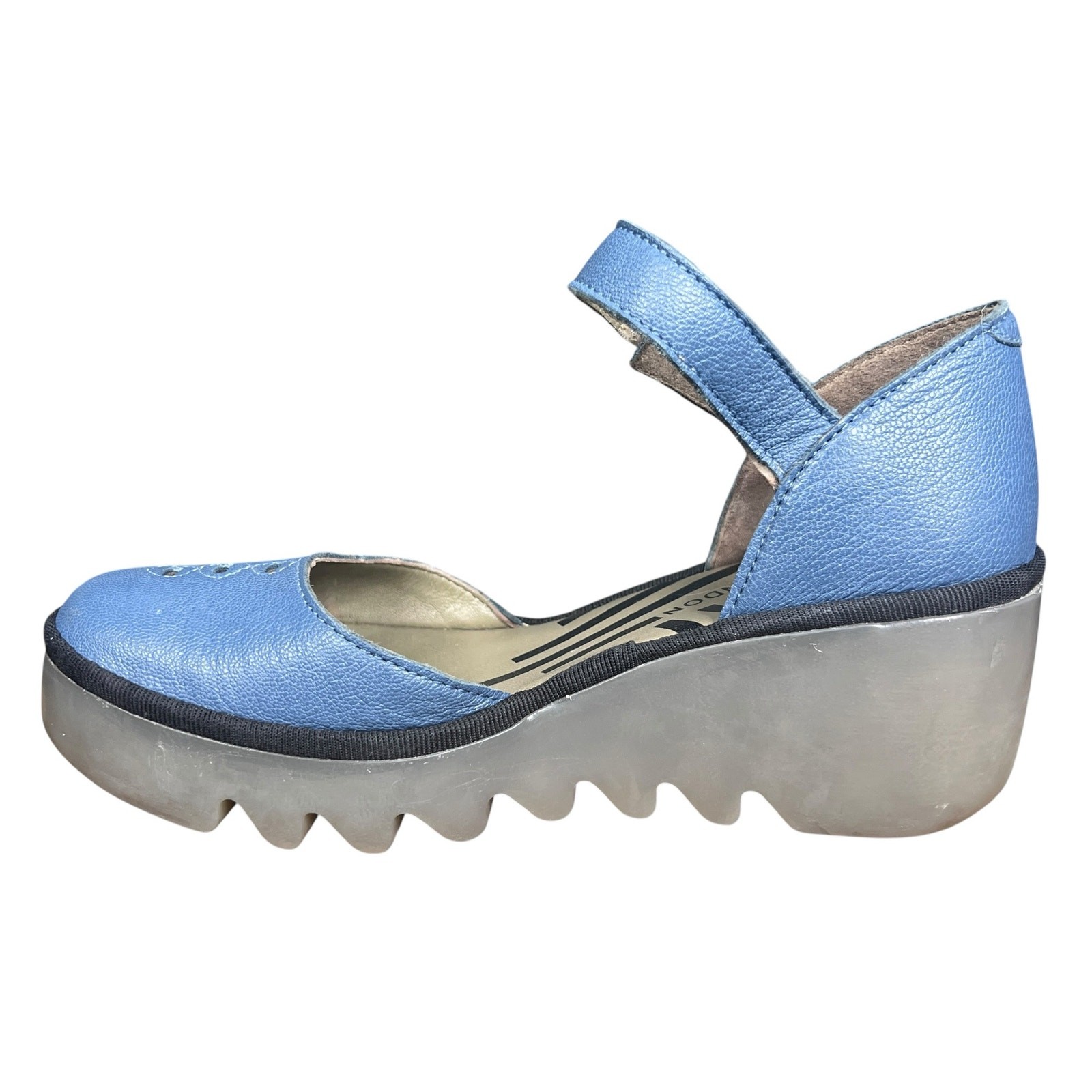 Fly London Biso305 Blue Leather Ankle Strap Cutout Wedges Size 38 US 7.5/8