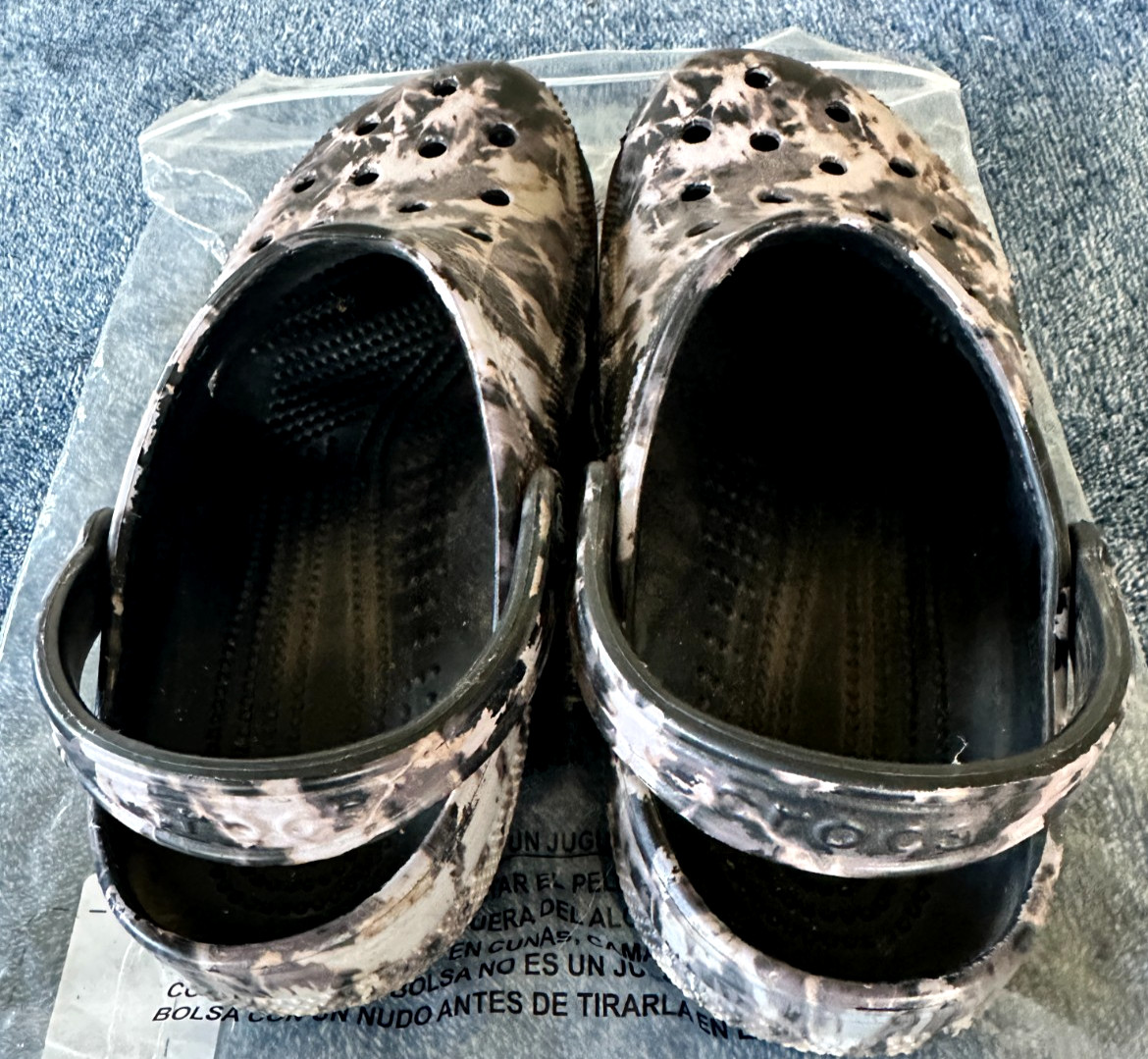 Hardly Worn Bleach Dye Pattern Crocs-Women Size 11-Shades of Beige,Brown+Black