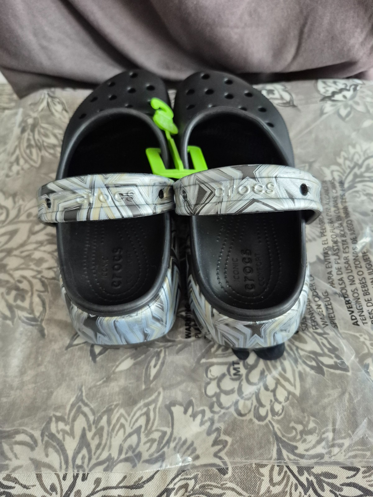 CROCS Silver/Black Clogs, Size 10, Medium width (New in Bag)