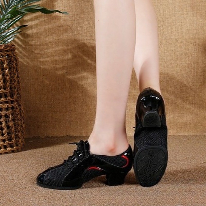 High-Heeled Latin Dance Shoes for Lady Mesh Leather Splice Tango Shoes Outsole