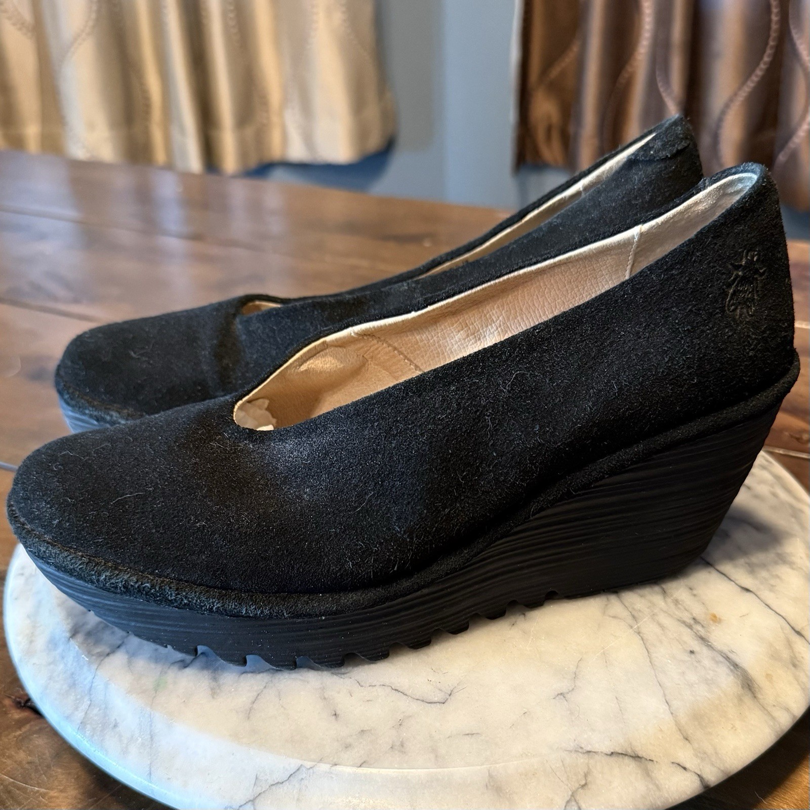 Fly London Women Sz 8 EU 38 Yaz Suede Wedge Slip On Black Platform Shoes