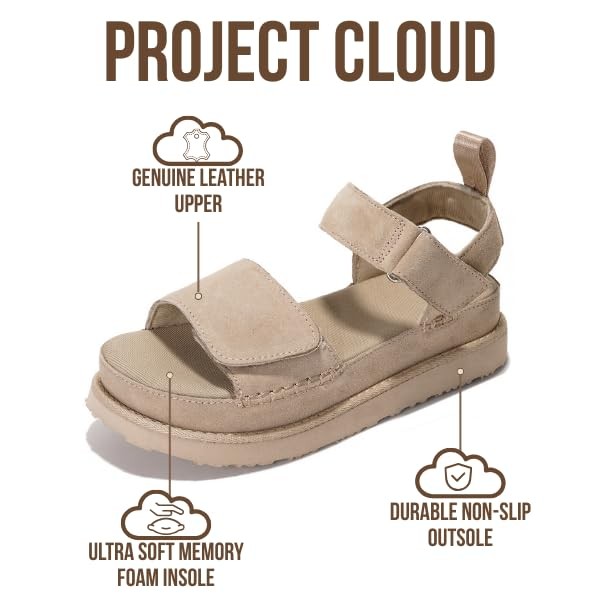 Project Cloud 100% Genuine Leather Platform Sandals For Women 9, Wheat Suede