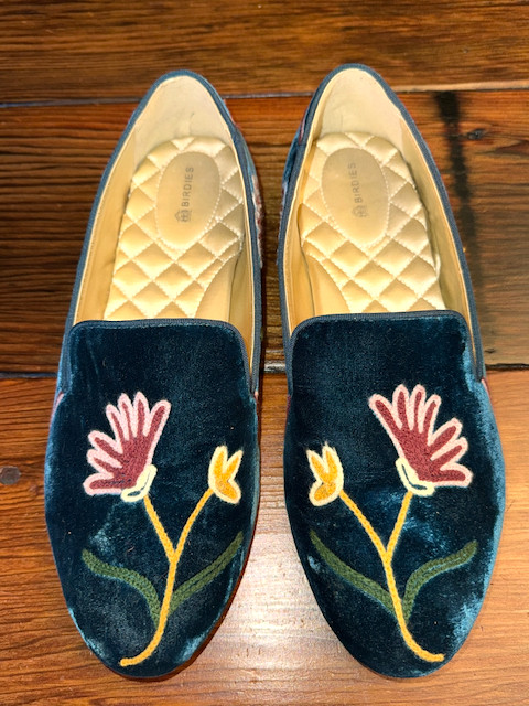 BIRDIES Starling Embroidered Flats Velvet Slippers Floral Teal Loafers Women 10