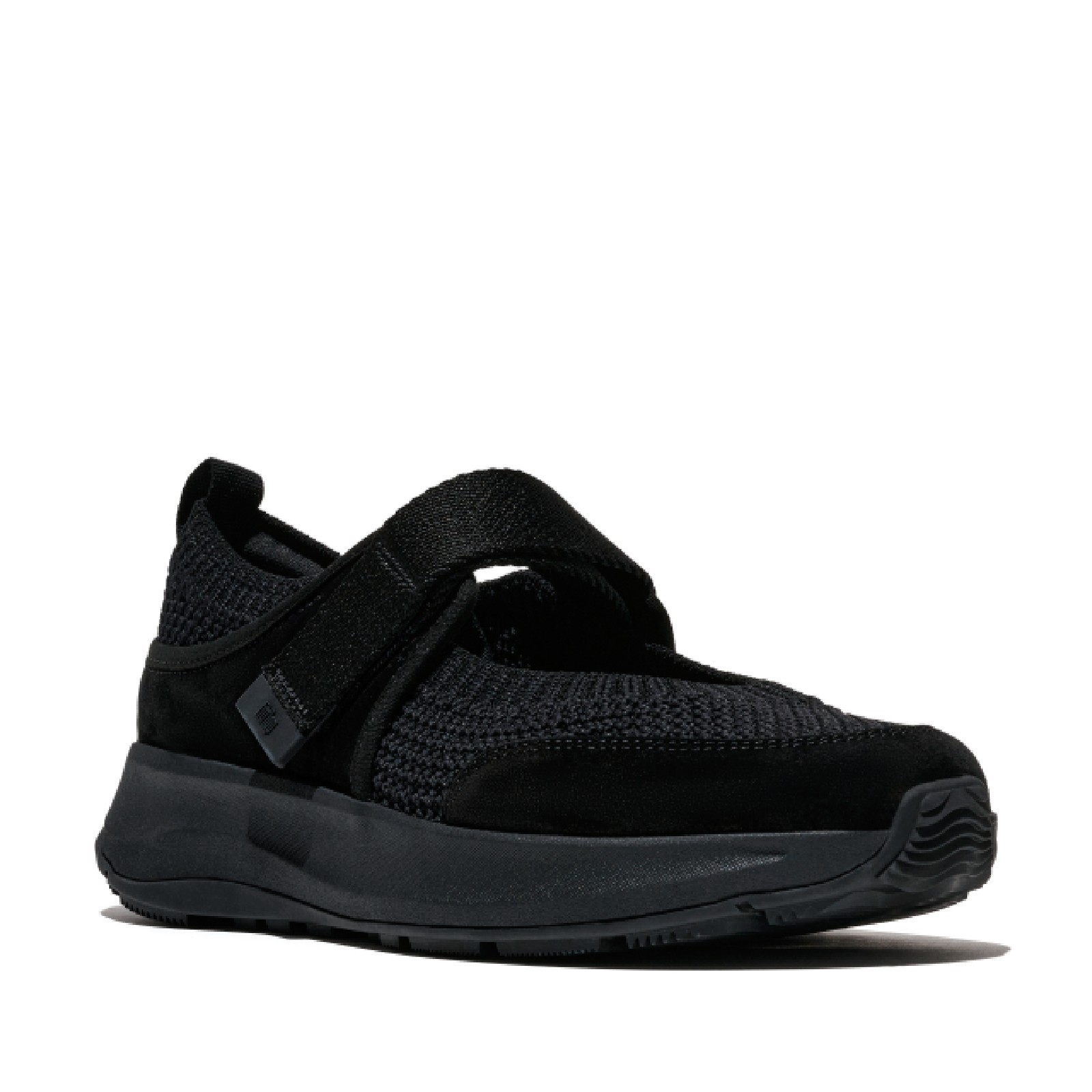 FITFLOP Women’s F-Mode Flow Knit/Suede All Black Mary Janes Sneakers (A1A-090)