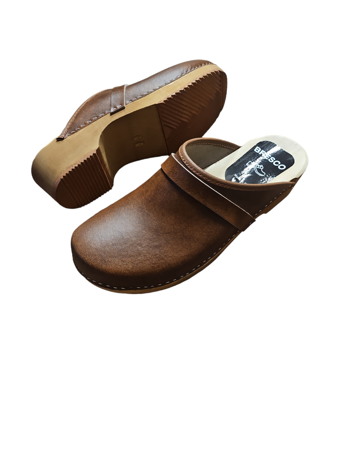 Swedish wooden clogs Made OF natural leather in brown and light wooden sole