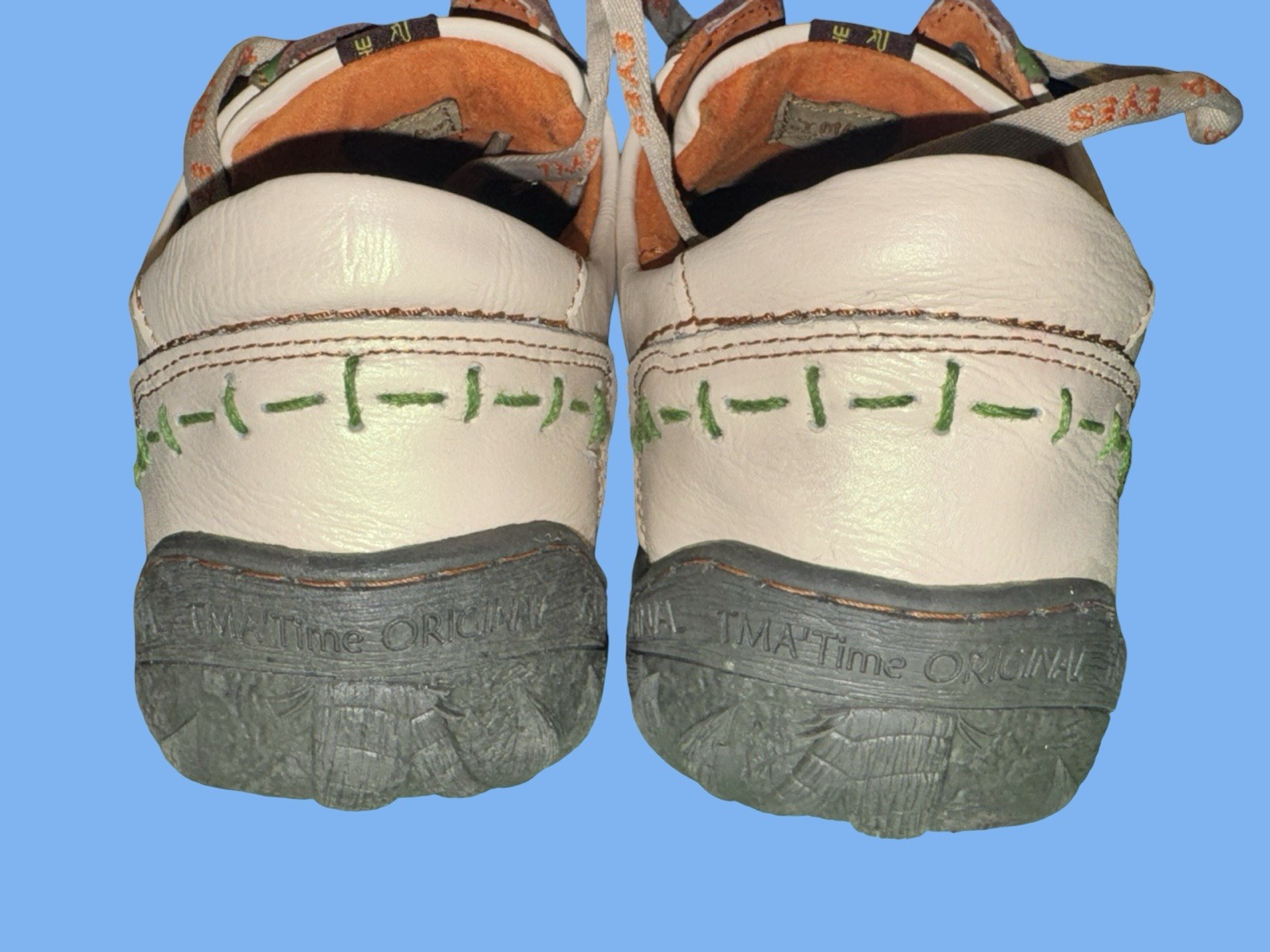 TMA Eyes White Leather Comfort Shoes Men’s US 9 EU 41 Green Stitch Lace Up