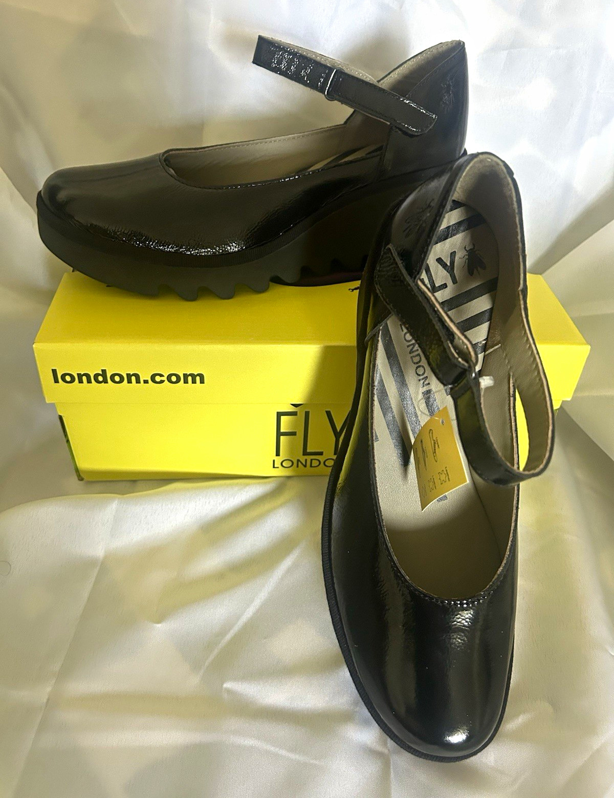 FLY London Black Patent Leather Mary Jane Wedge Hook & Loop Strap US 10