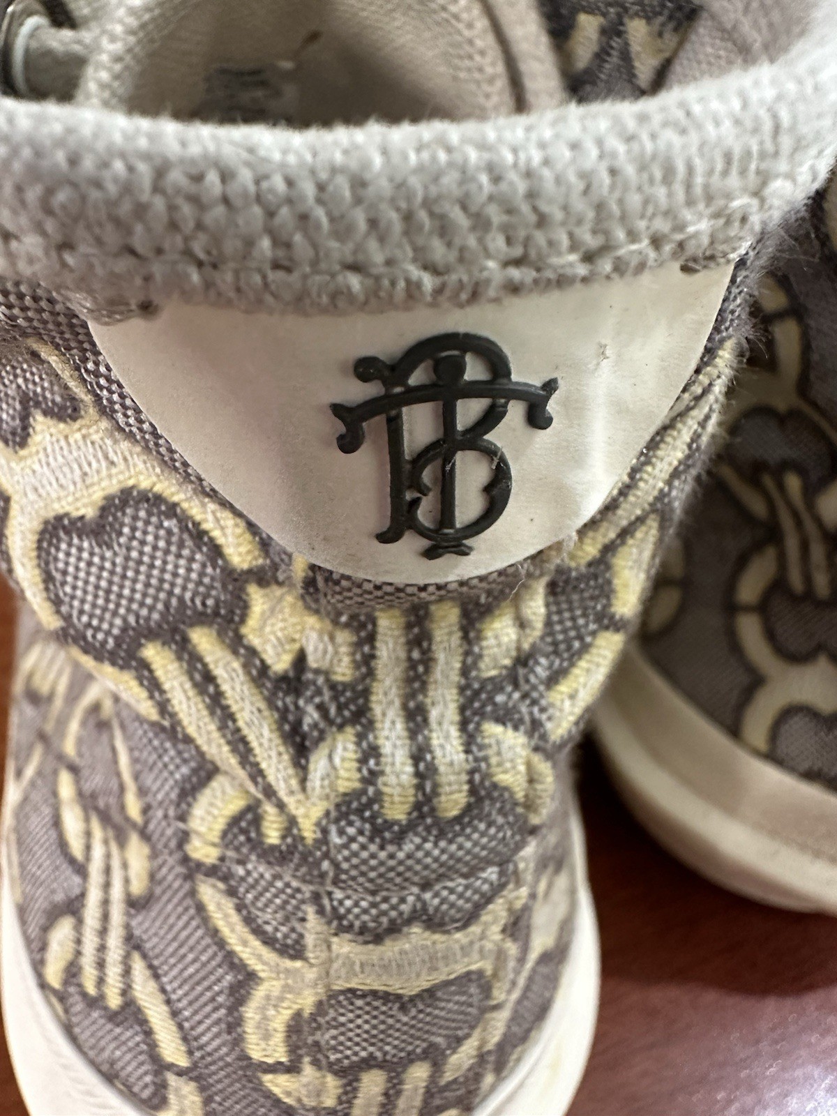 TORY BURCH “Buddy” Jacquard Sneakers White Beige Cap Toed High Top Shoes 7 M
