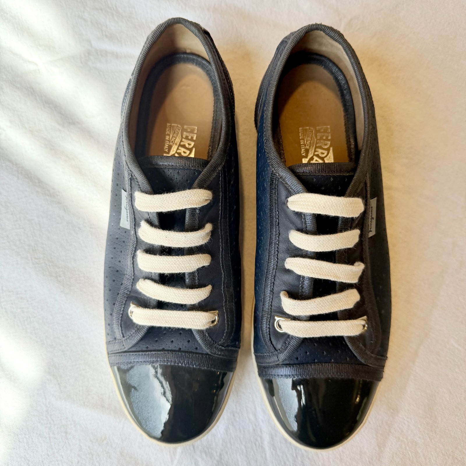 Salvatore Ferragamo Soho Perforated Sneakers Navy Leather Women’s Size 7.5 M