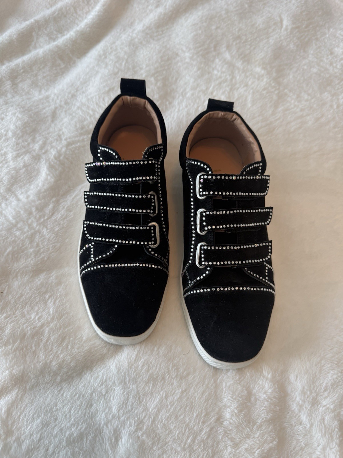 Women’s Black Suede Triple Strap Sneakers Rhinestone Trim Hook & Loop Size 9