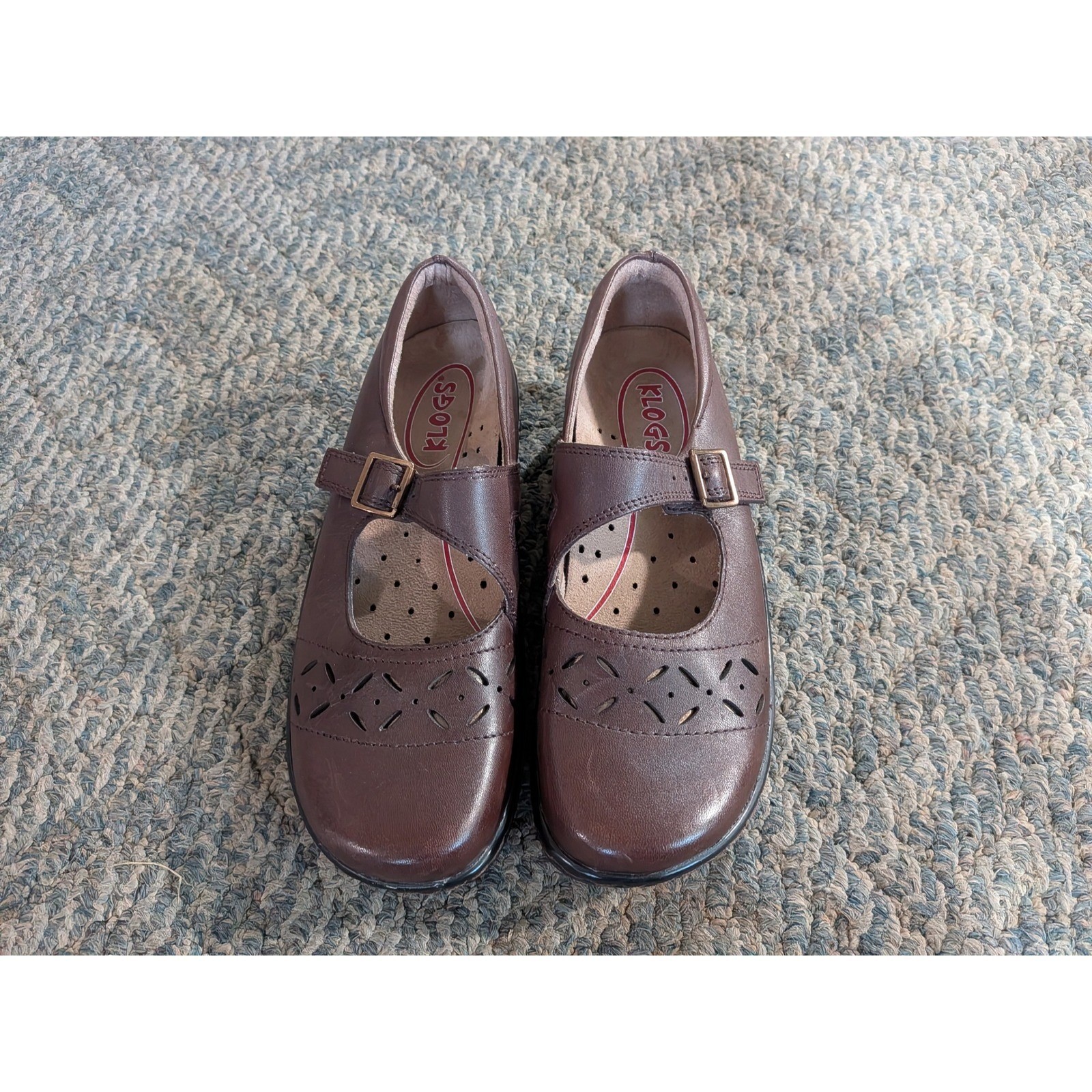 Klogs Brown Leather Mary Jane Laser Cut Clogs Shoes Womens Size 8M Comfort Work