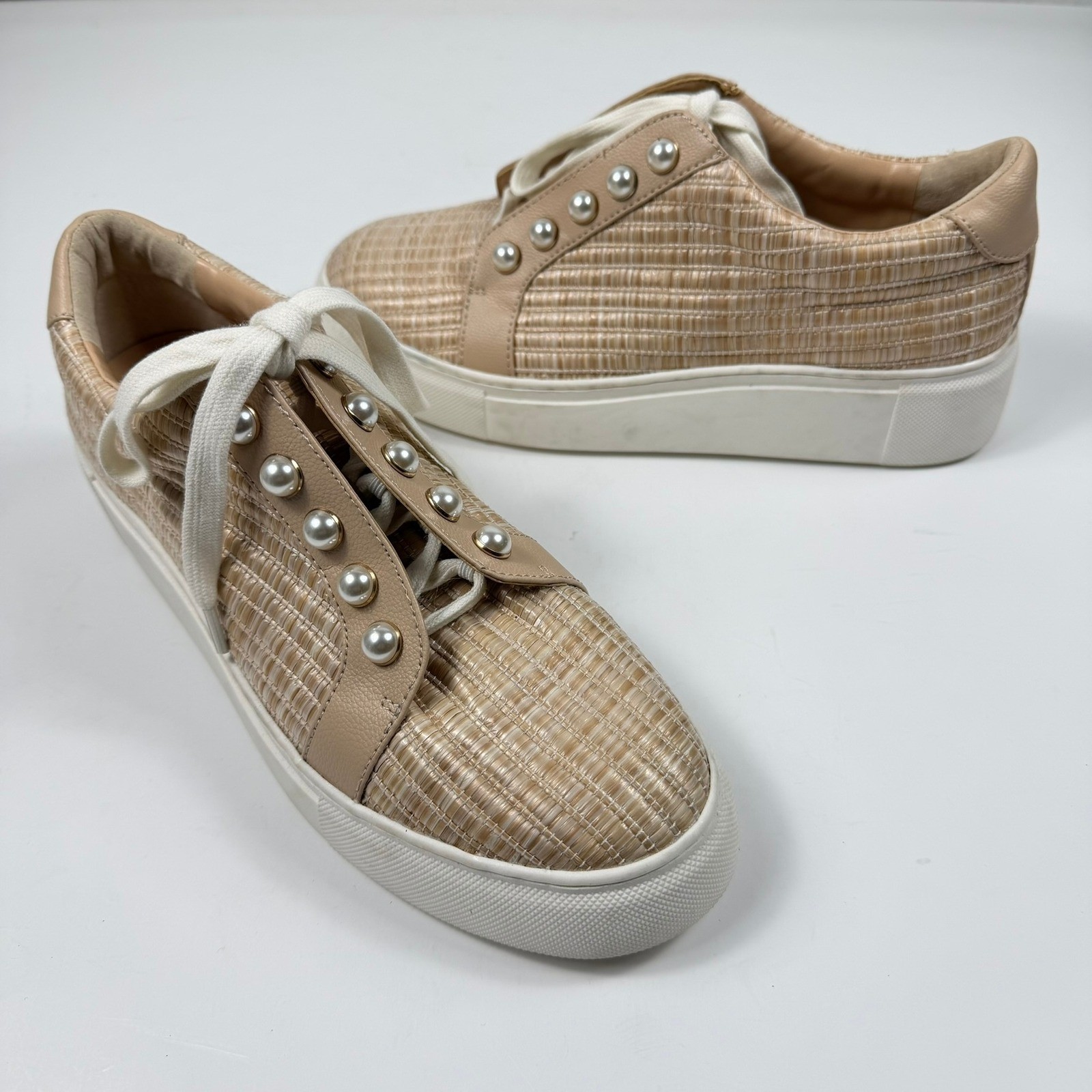 Alex Marie Womens 8.5 Beige Woven Raffia Pearl Sneakers Platform Coquette Preppy