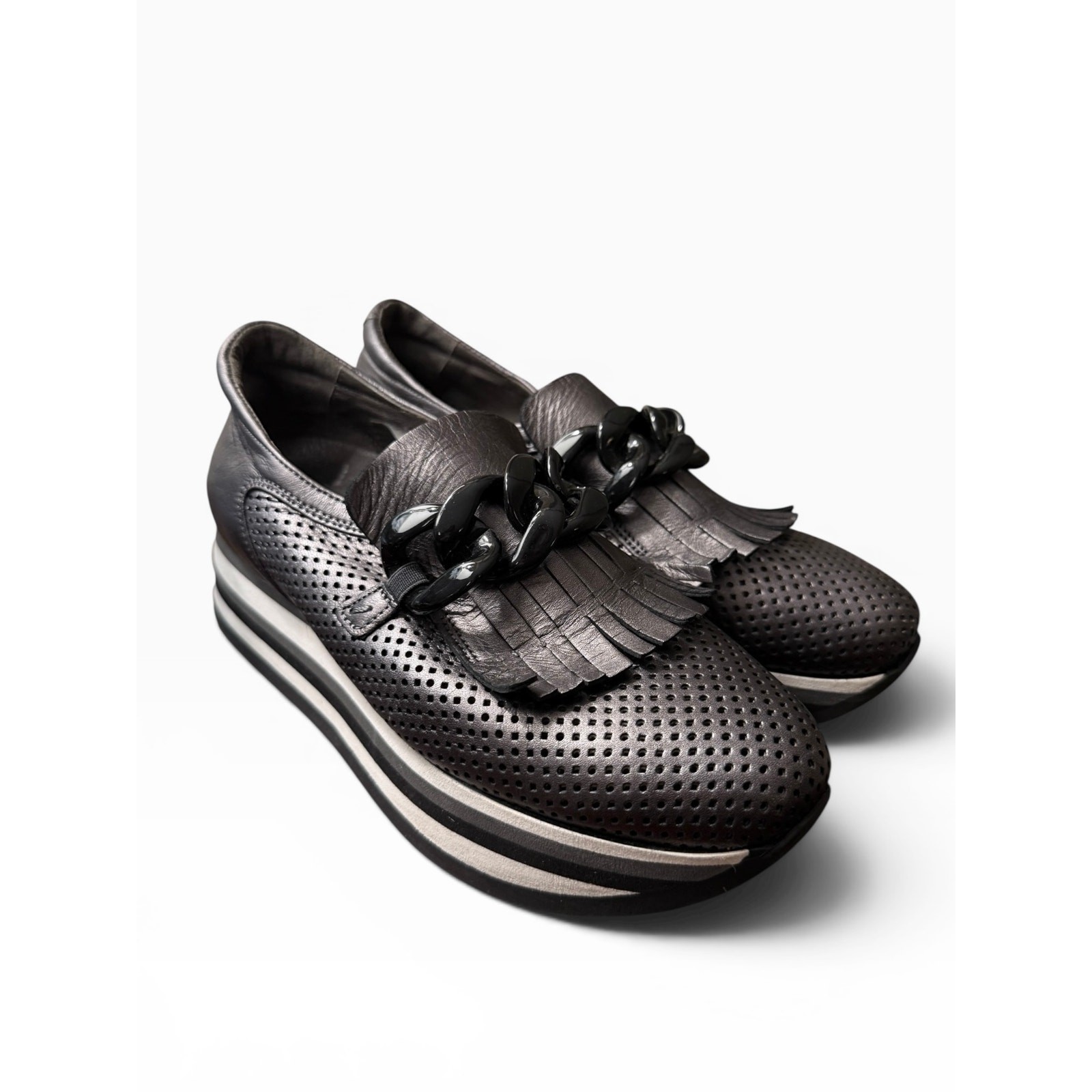 Softwaves Platform Loafers Fringe Chain Perforated Leather Comfort Shoes EU39