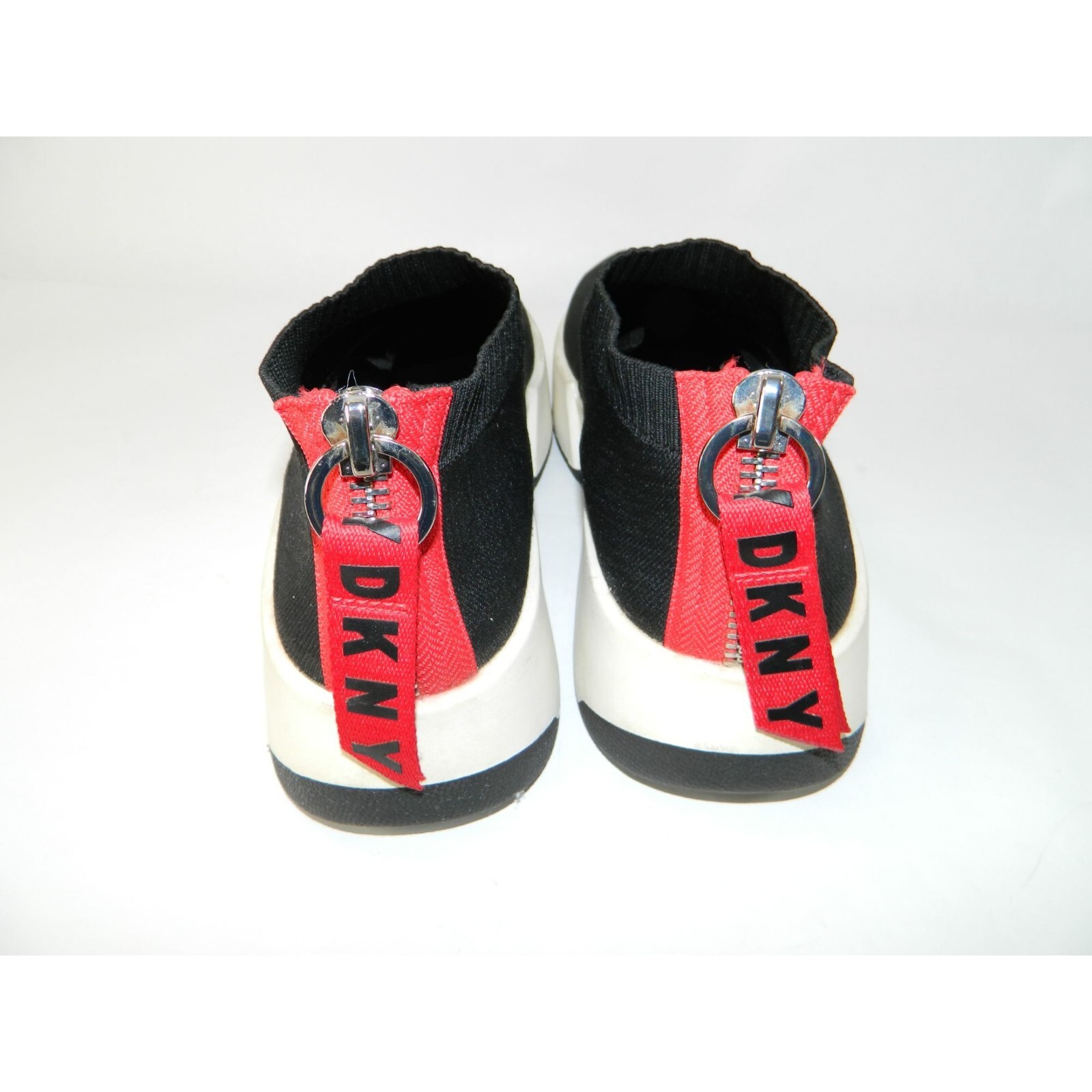 DKNY Marcel Wedge Flat Sneakers Black Stretchy Booties Size 10 Red Stripe Zipper