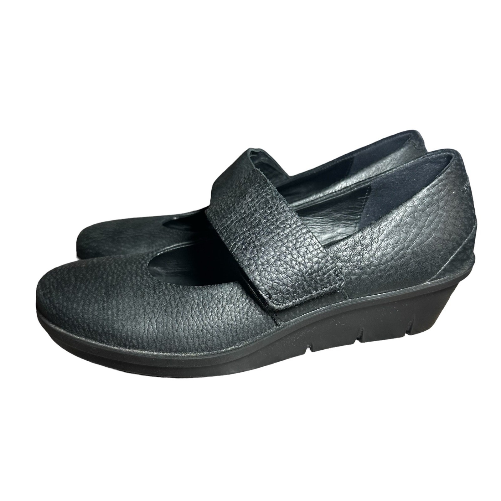 Ecco Skyler Mary Jane Black Leather Wedges Size 38 US 7 comfort hook and loop