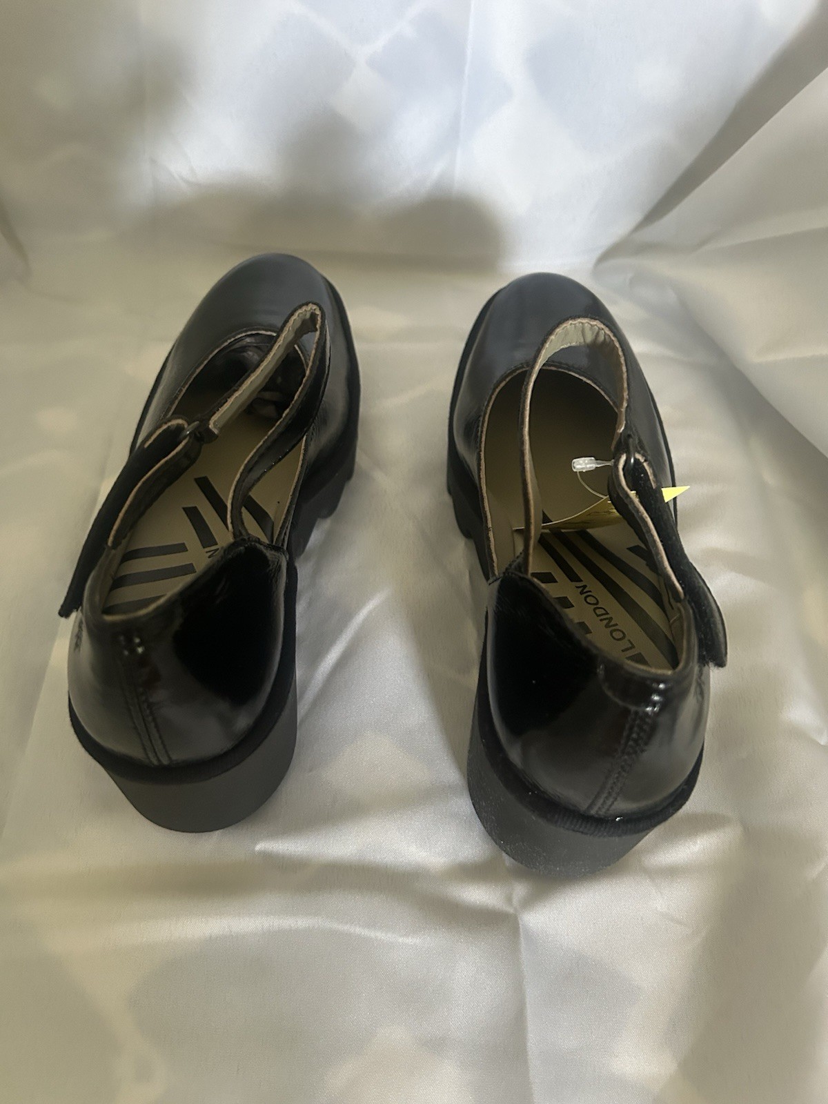 FLY London Black Patent Leather Mary Jane Wedge Hook & Loop Strap US 10