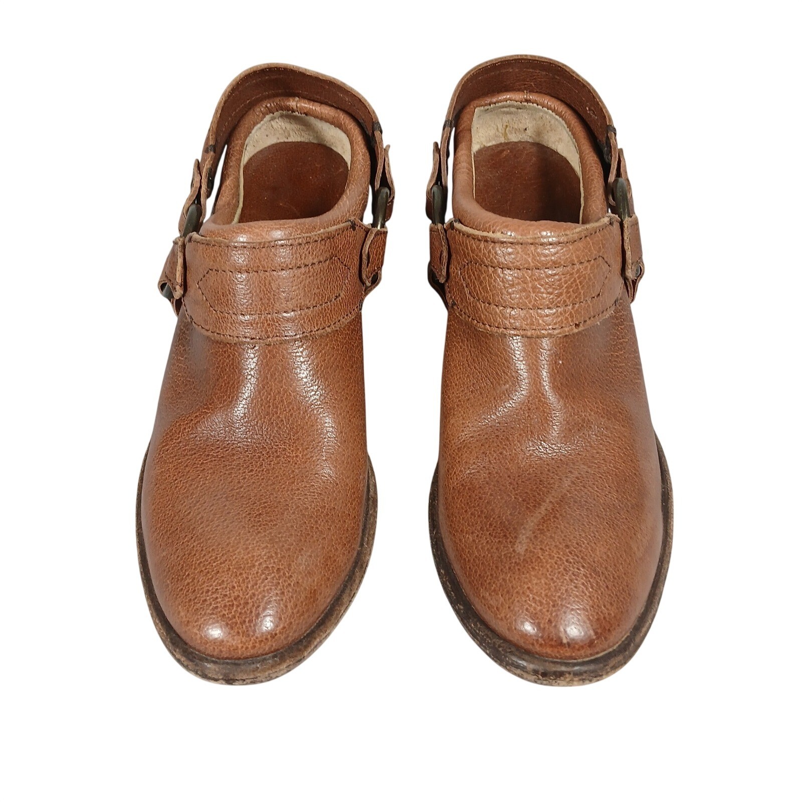 Frye Western Core Harness Ring Pebbled Leather Block Heel Mules Brown Scuffed