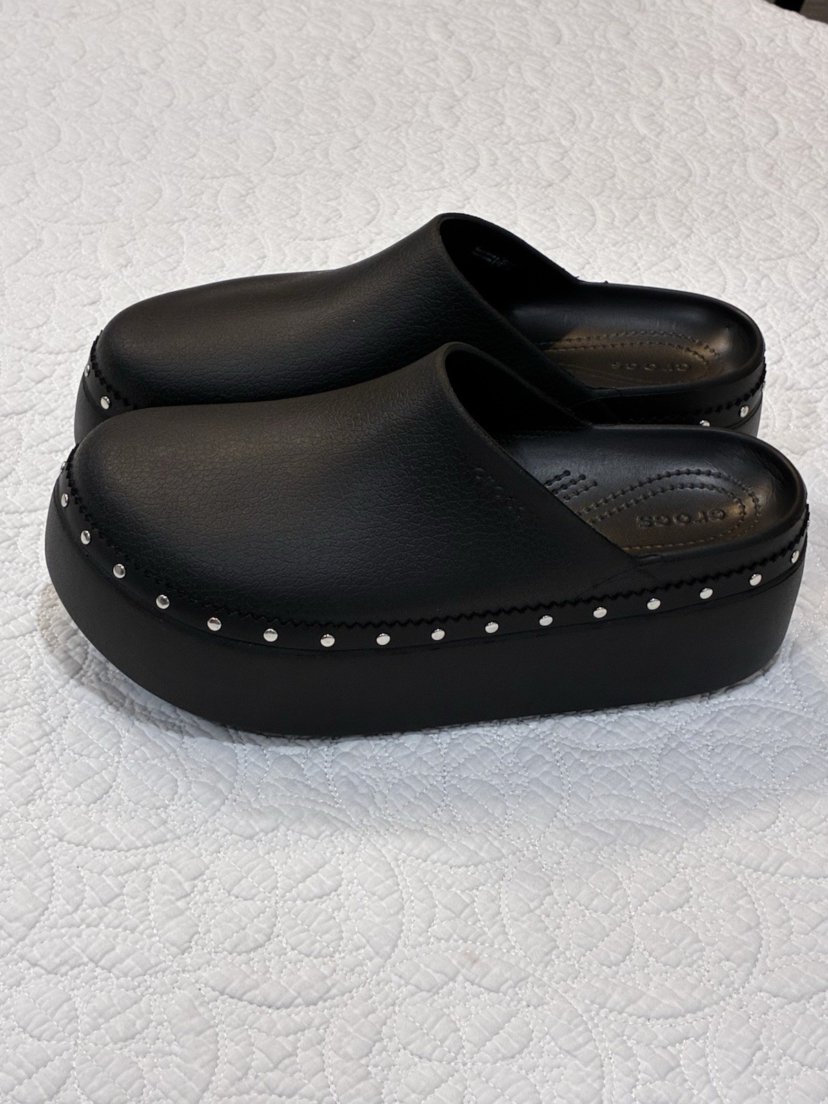 Crocs Dylan Platform Studded Clog Mules Black Leather Texture Slip On Womens 11