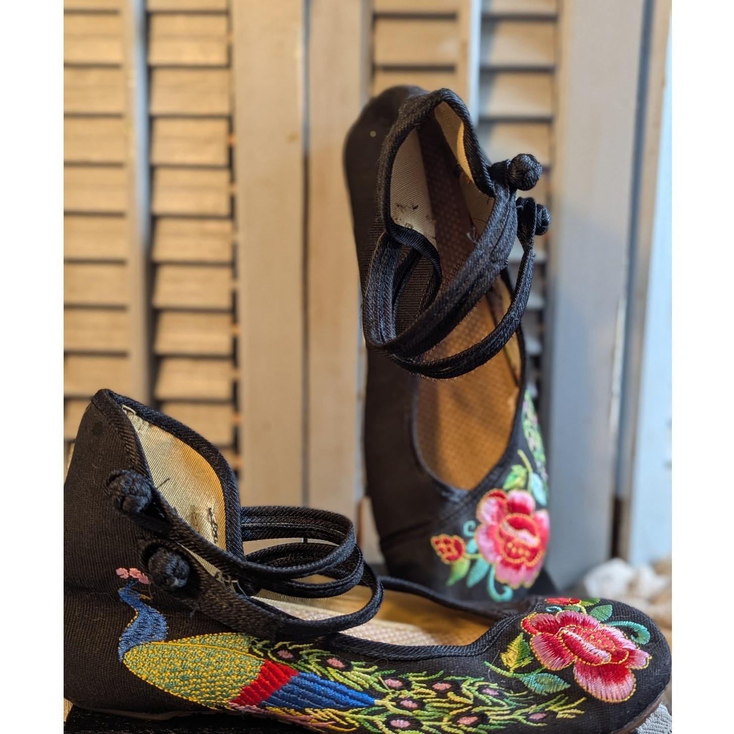 Chinese embroidered peacock flats with ankle straps