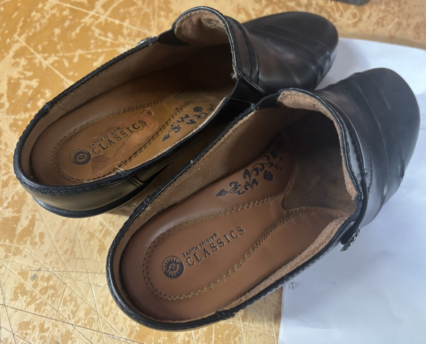 Earth Spirit Elaine Black Leather Classic Clogs Shoe Womens 7.5 Mule Witch Heels