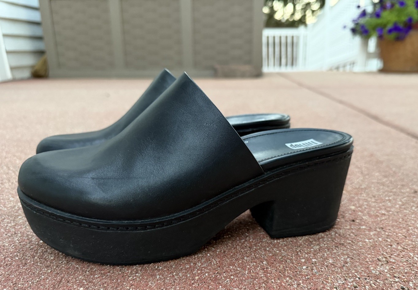 FitFlop Pilar Black Leather Clogs US 8.5 Platform Mules Women’s 40